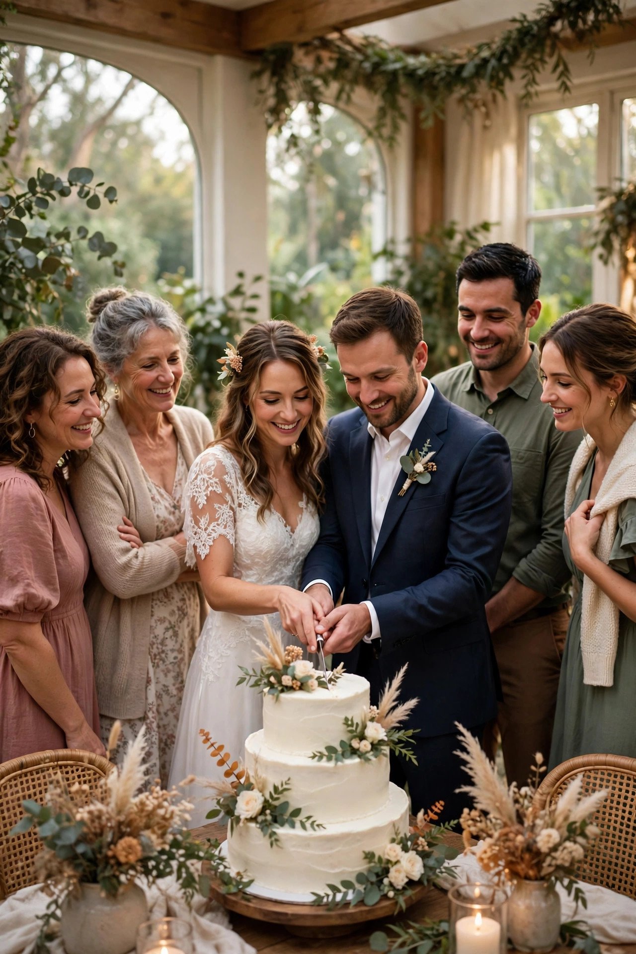Cake cutting at 6:15 with guests gathered around