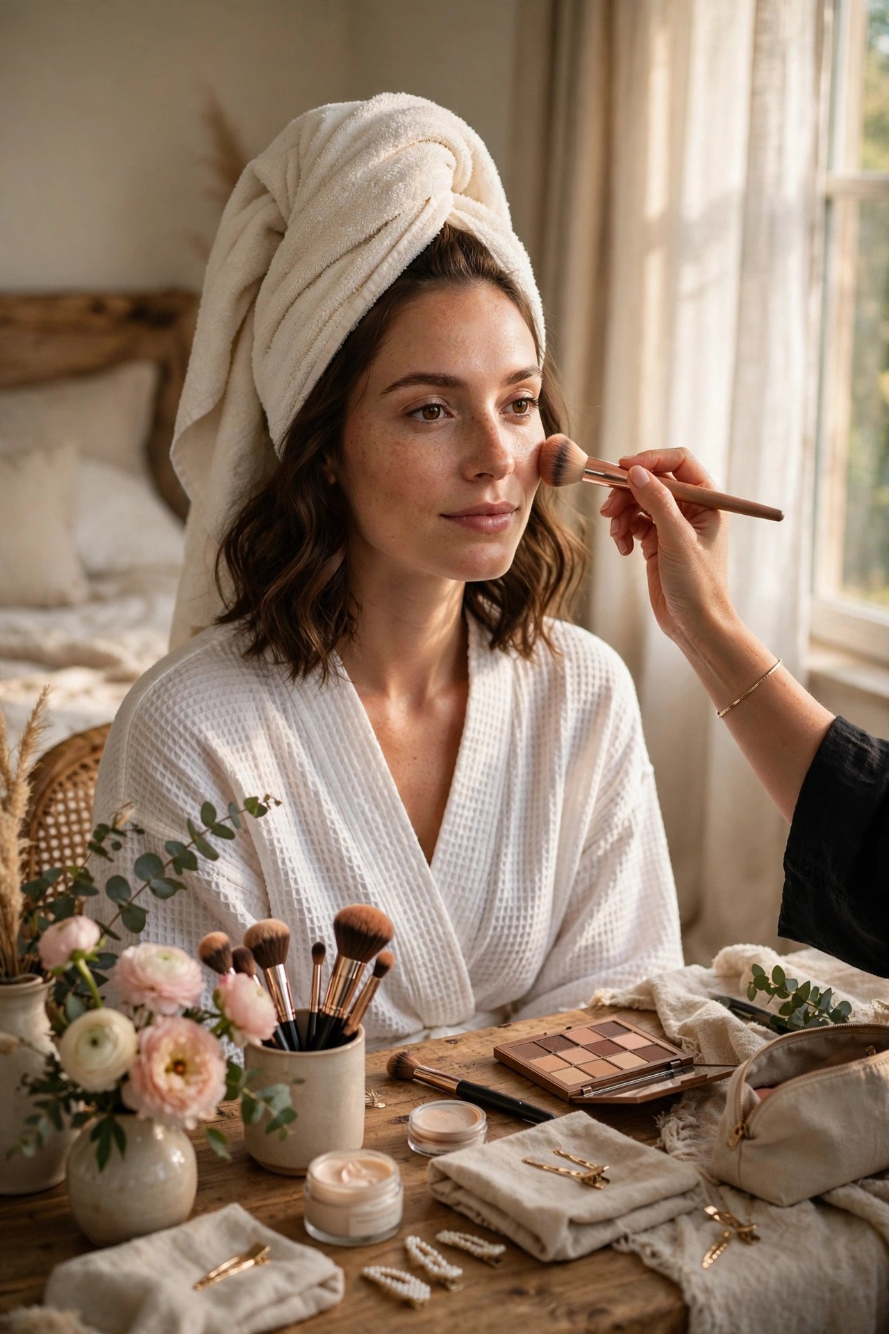 Hair and makeup starting early in natural morning light