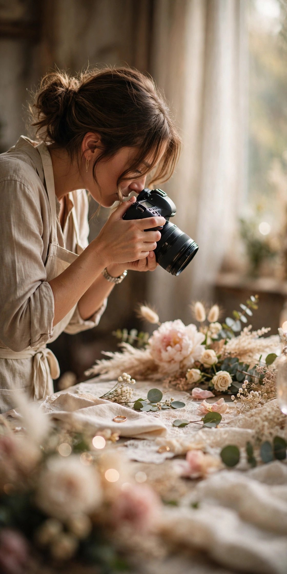 Photographer capturing wedding details in fresh morning light