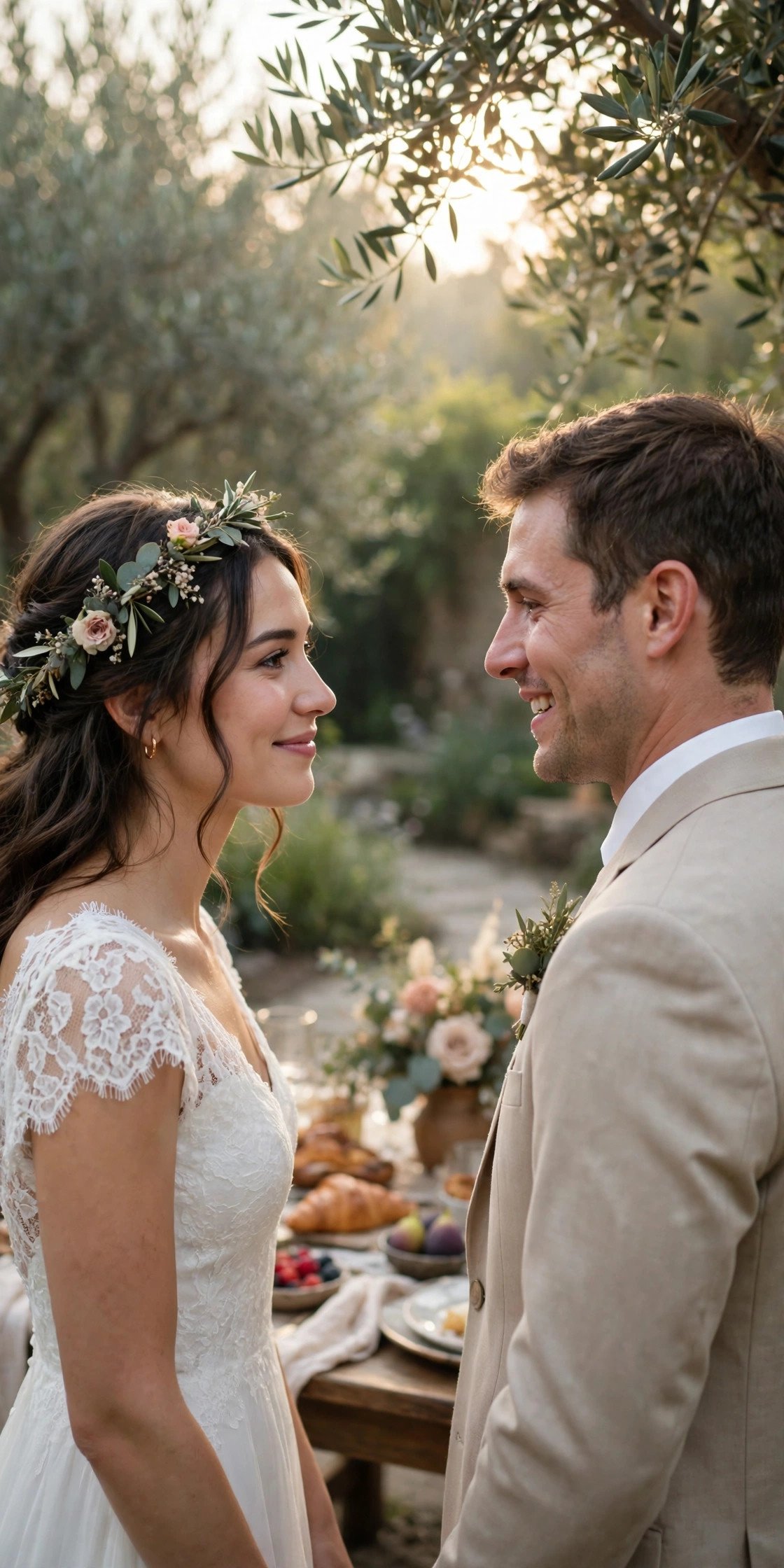 First look in soft morning light before a brunch wedding ceremony