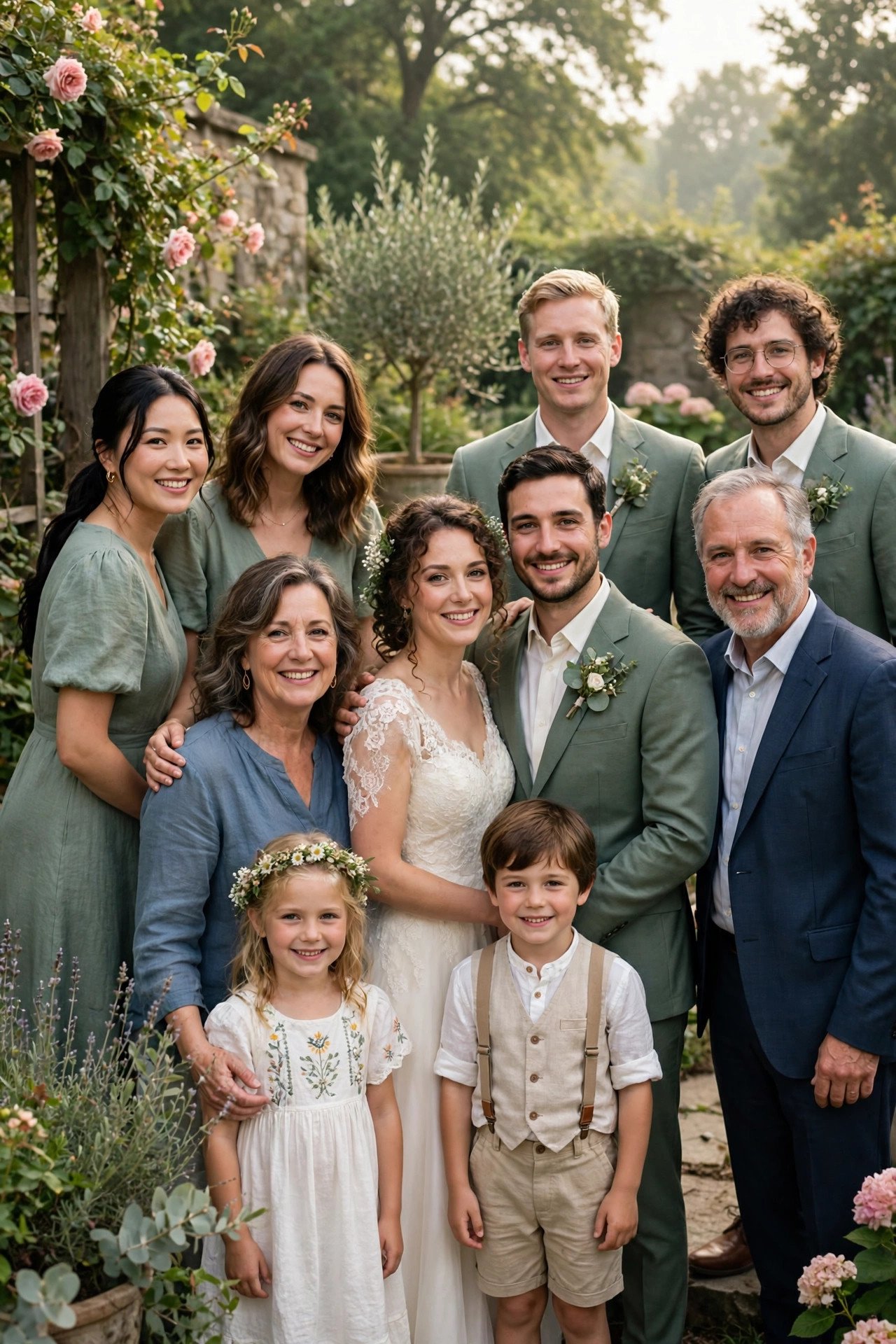 Wedding party and family photos in a garden before the morning ceremony