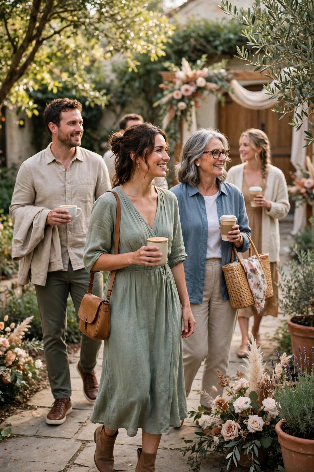 Guests arriving for a morning wedding ceremony with coffee cups