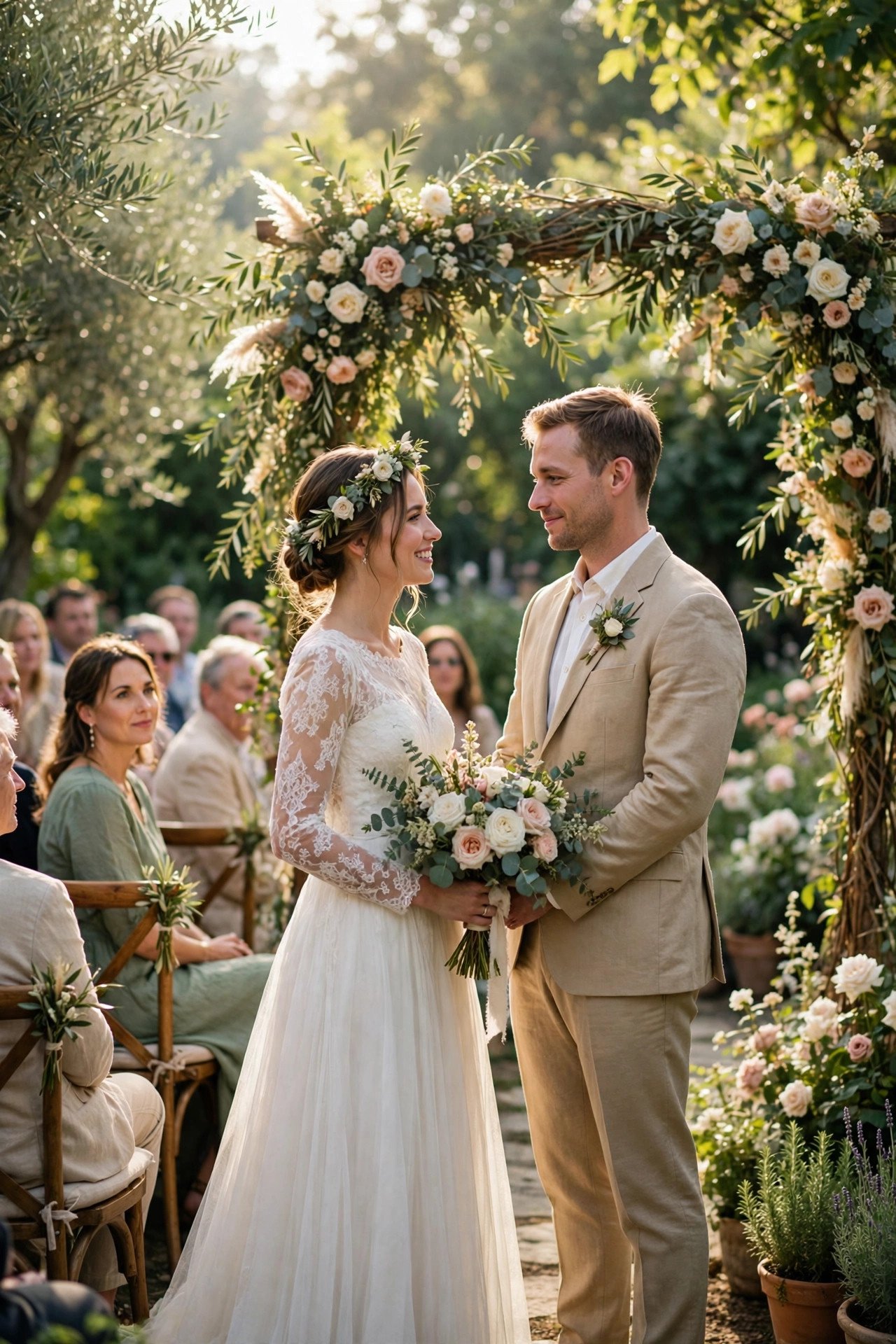 Morning wedding ceremony in a sunlit garden at 10:30