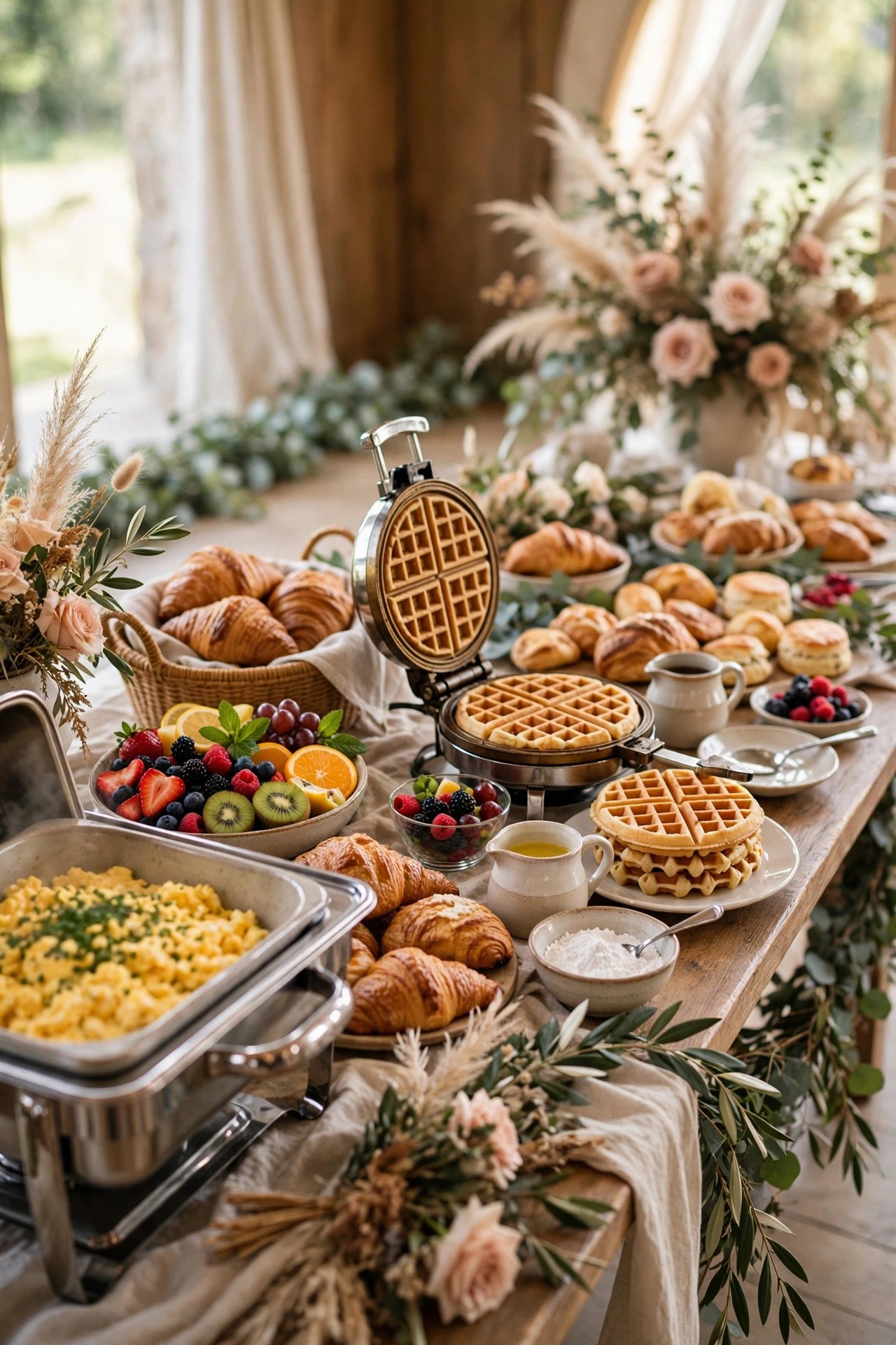 Brunch buffet opening with eggs pastries fruit and waffle station