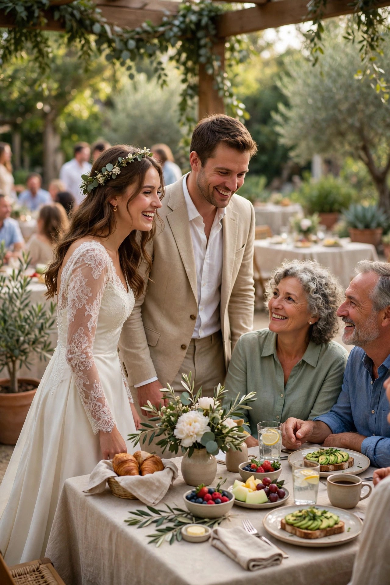 Couple visiting tables and mingling during a relaxed wedding brunch