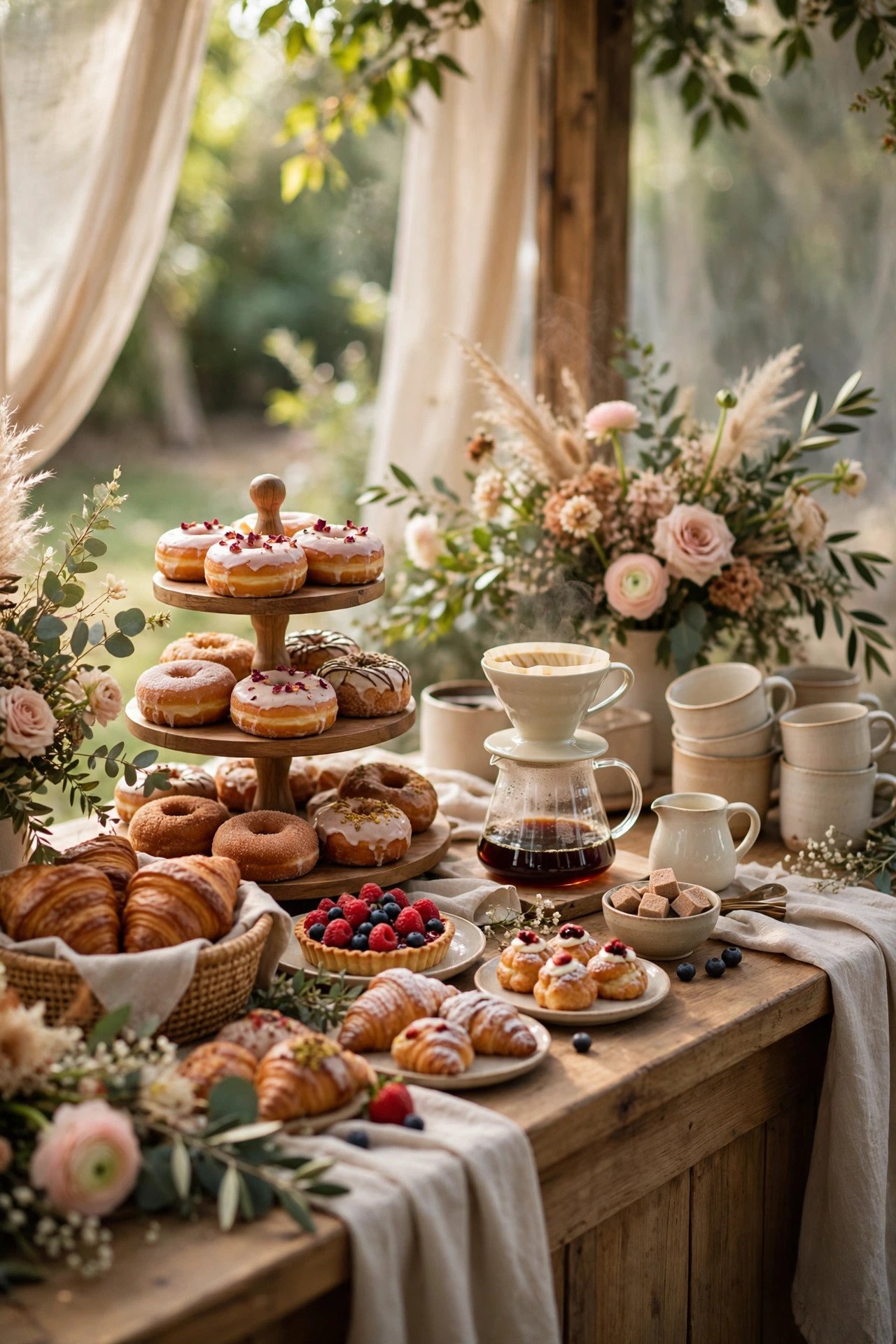 Dessert and donut bar reopening with fresh coffee at the brunch wedding