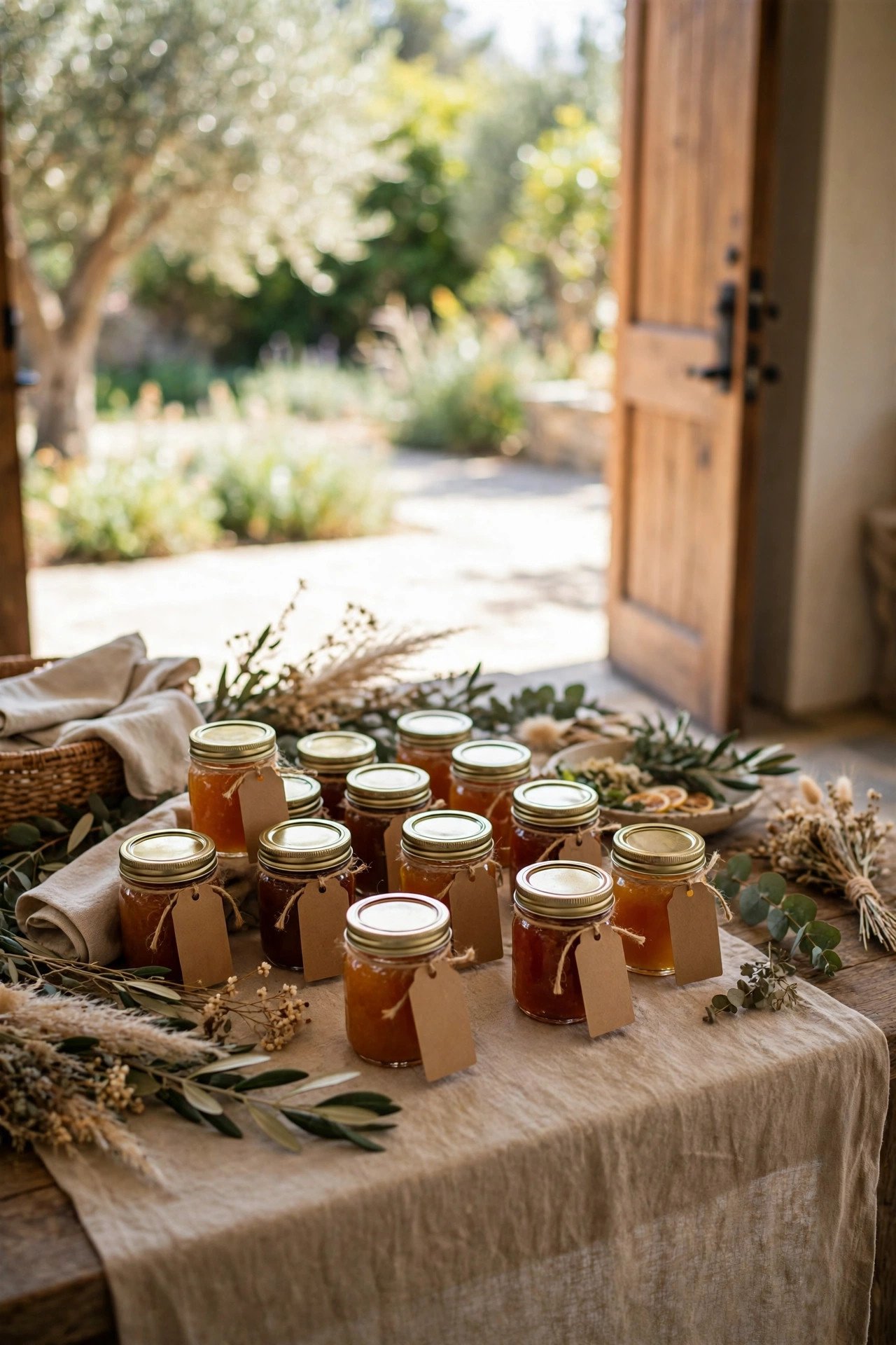 Favor table with small jars and thank-you tags by the brunch exit