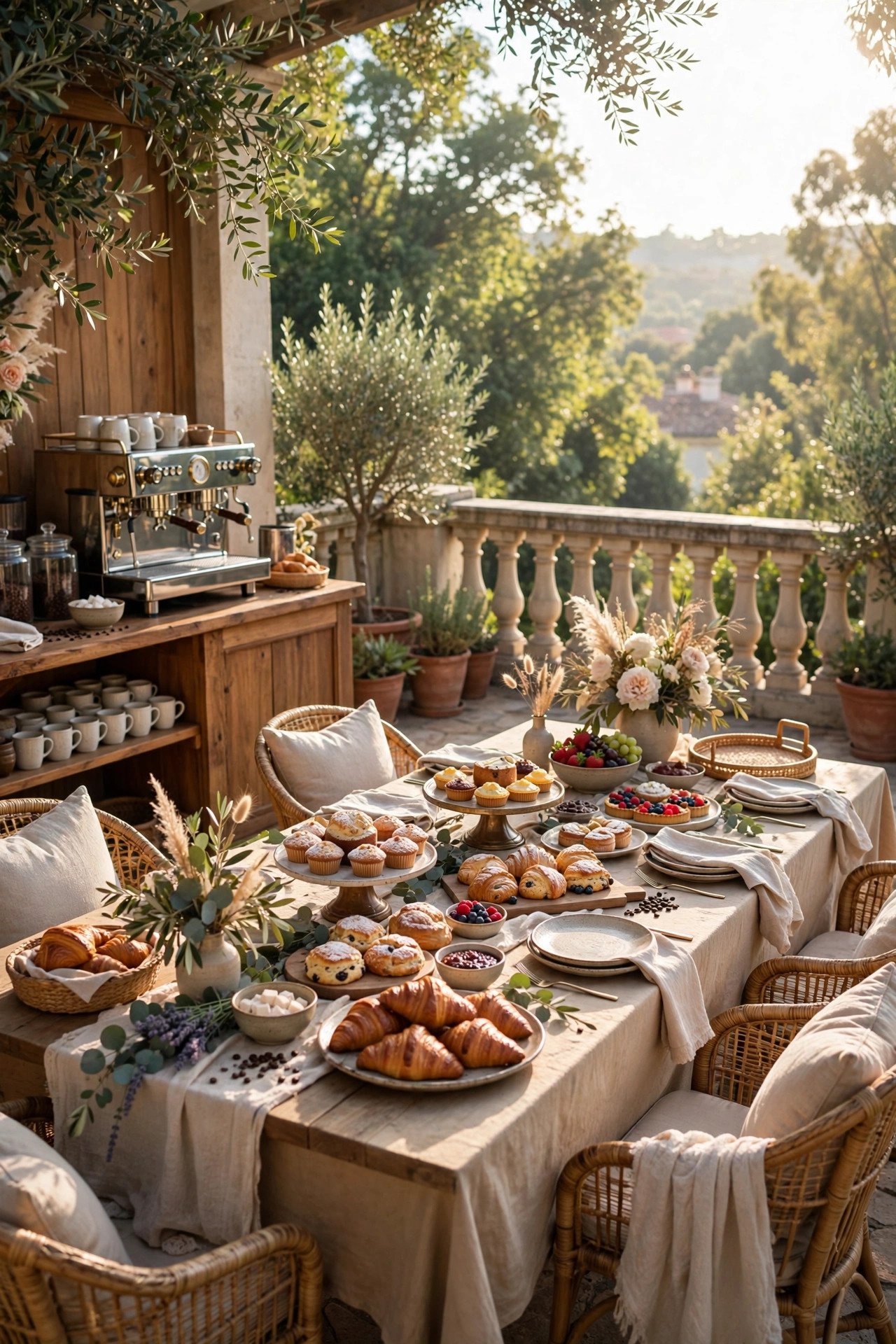 Sunny morning wedding brunch reception with coffee bar and pastry tables on a terrace