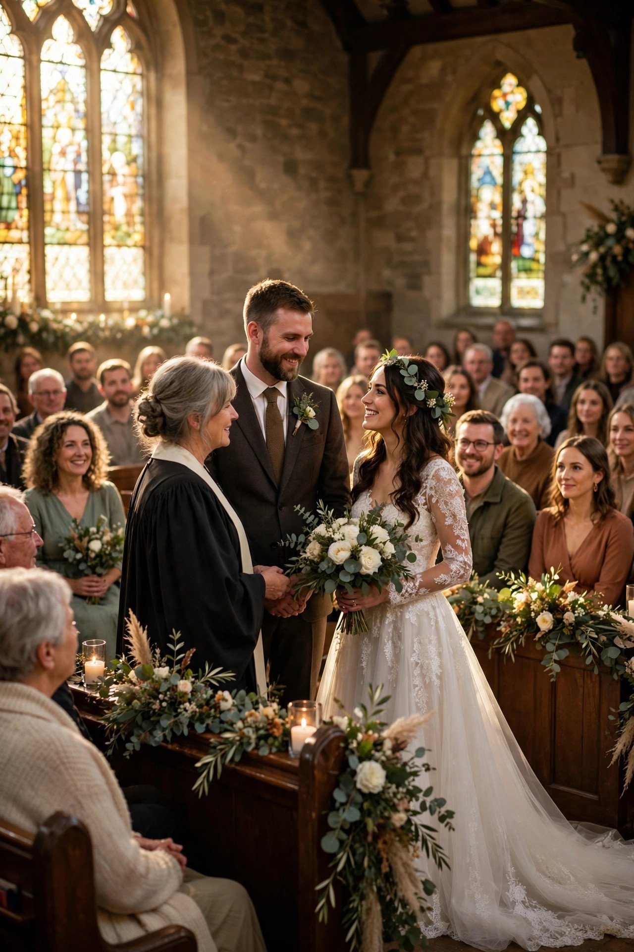 Traditional church wedding ceremony with congregation singing