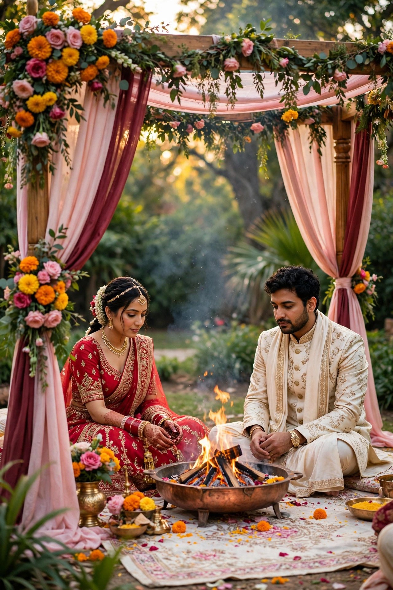 Traditional Hindu wedding ceremony with mandap and sacred fire
