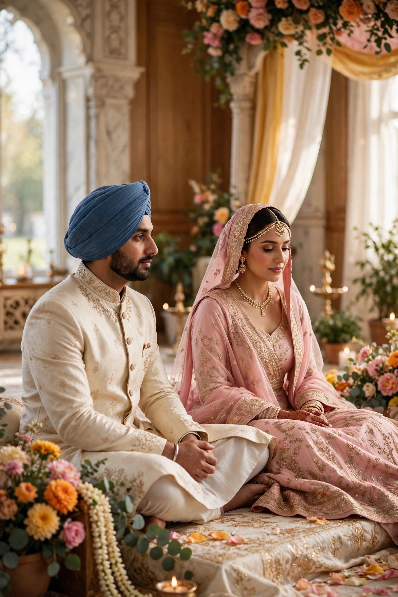 Sikh Anand Karaj ceremony in a gurdwara with the couple before the Guru Granth Sahib