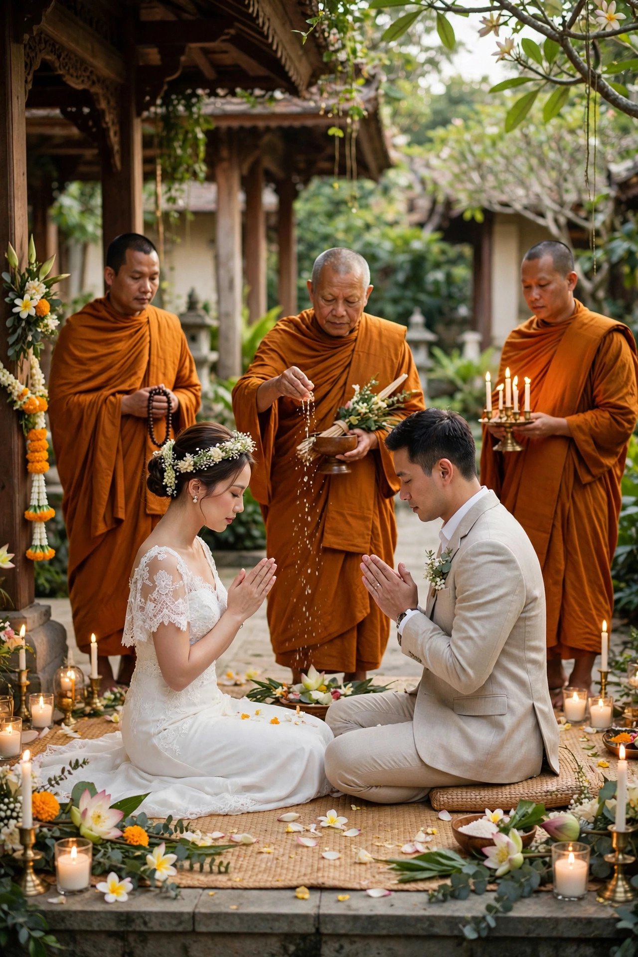Buddhist wedding blessing ceremony with monks and candles