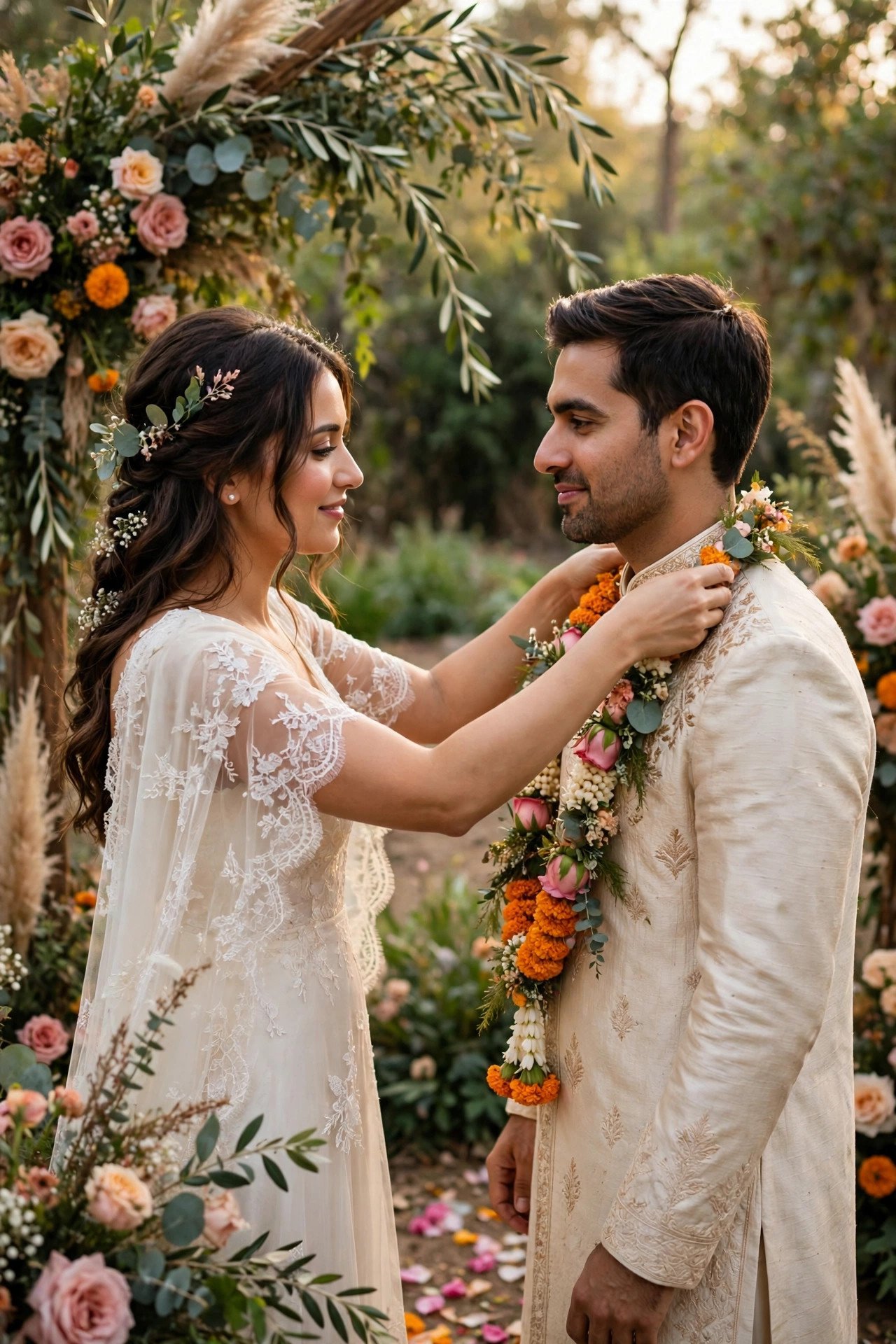 Couple performing a cultural ritual during their wedding ceremony
