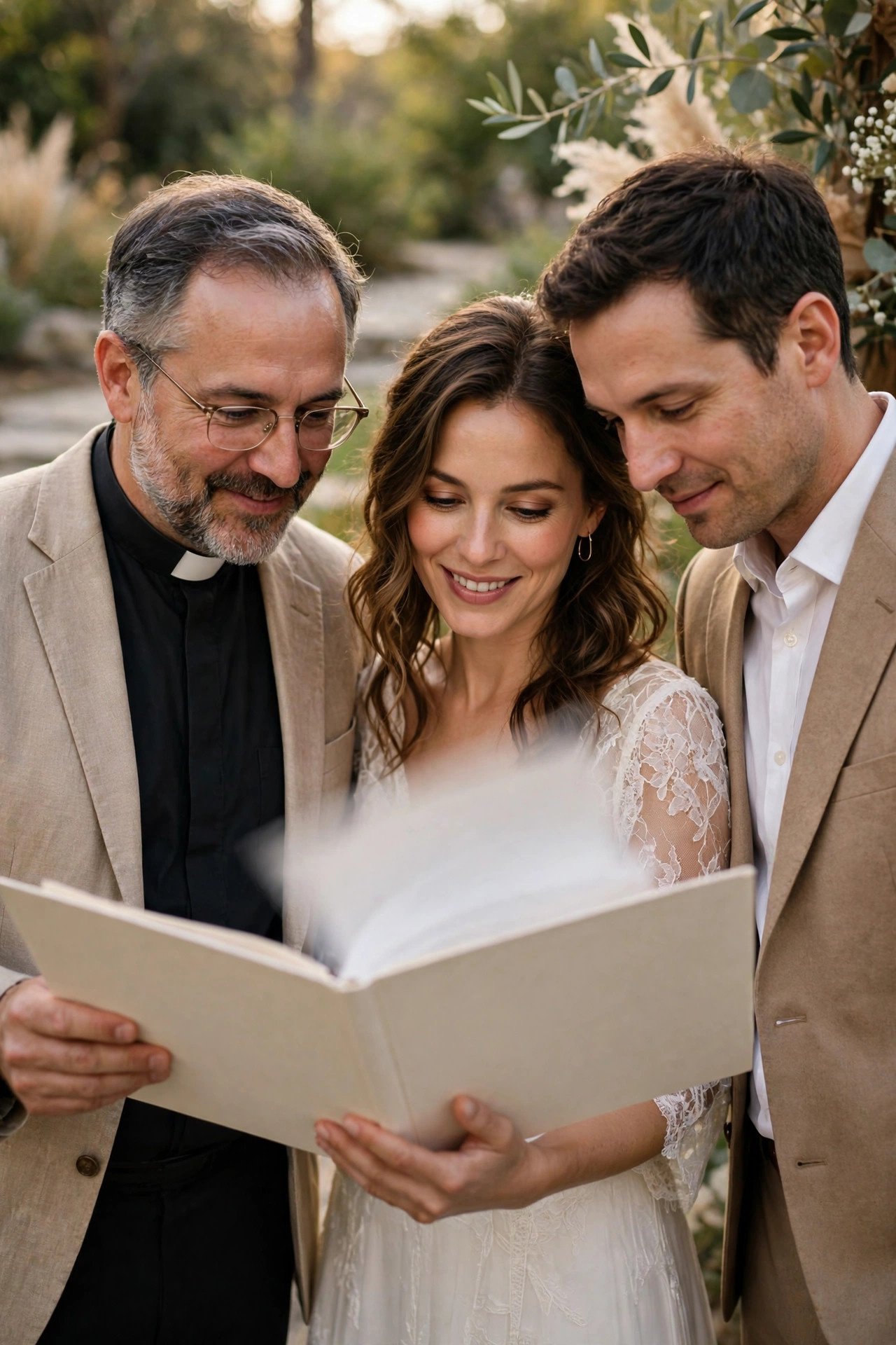 Officiant and couple reviewing the ceremony running order together