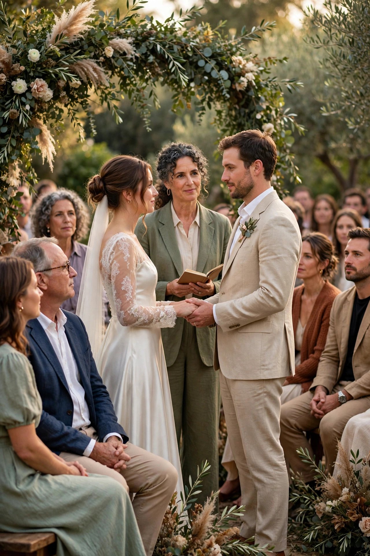 Wedding ceremony in progress with guests seated watching the couple exchange vows