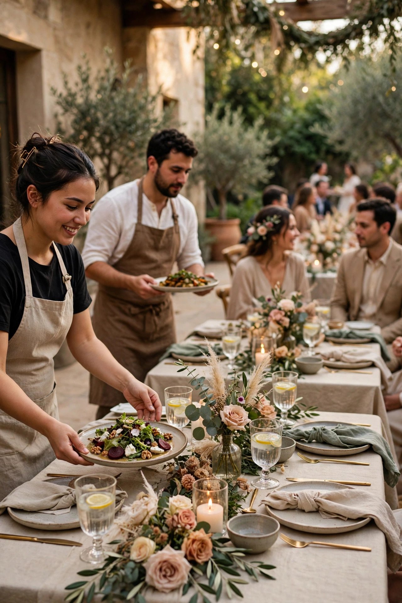 Wedding dinner service with courses arriving at decorated tables