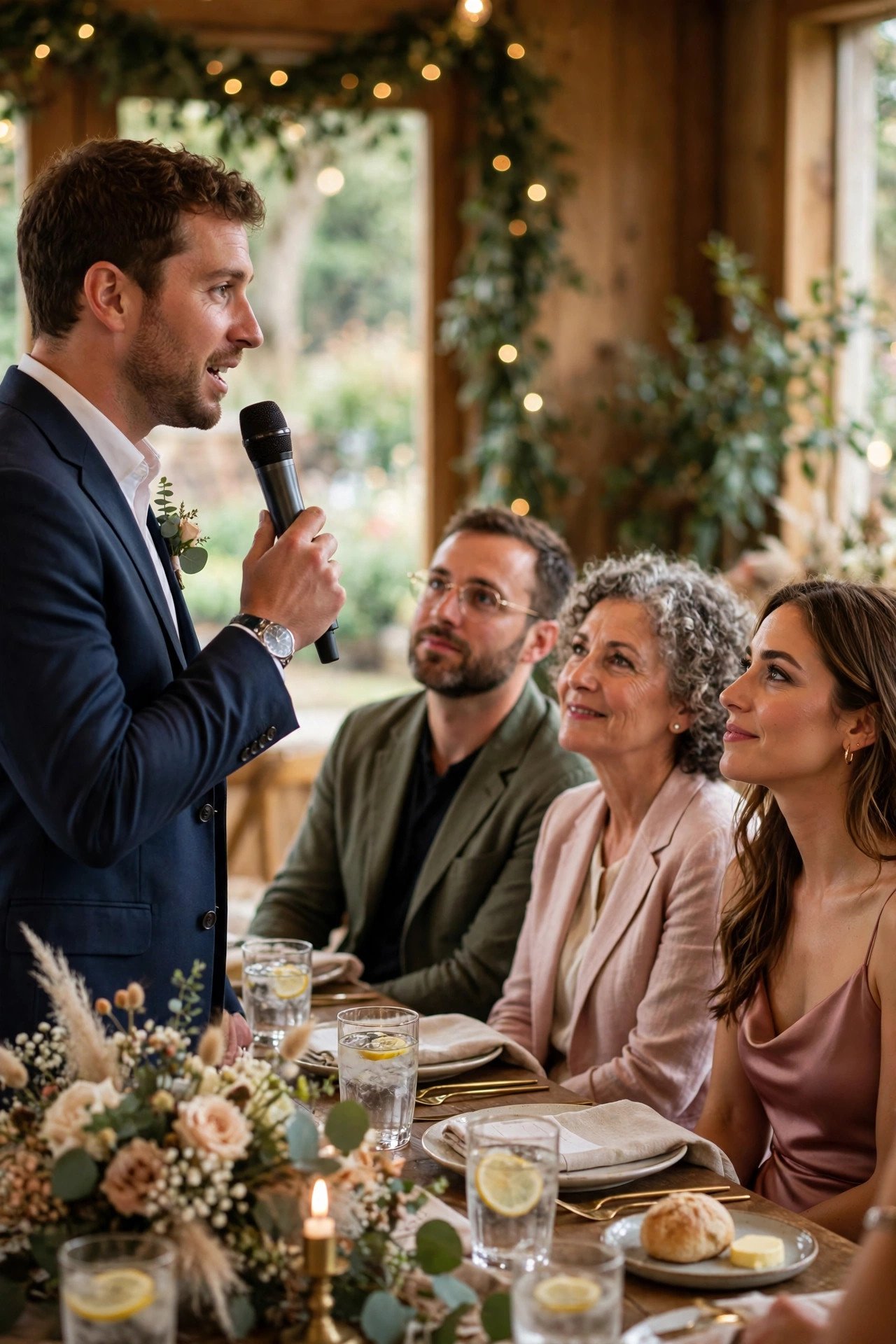 Wedding speeches being given during dinner with guests listening