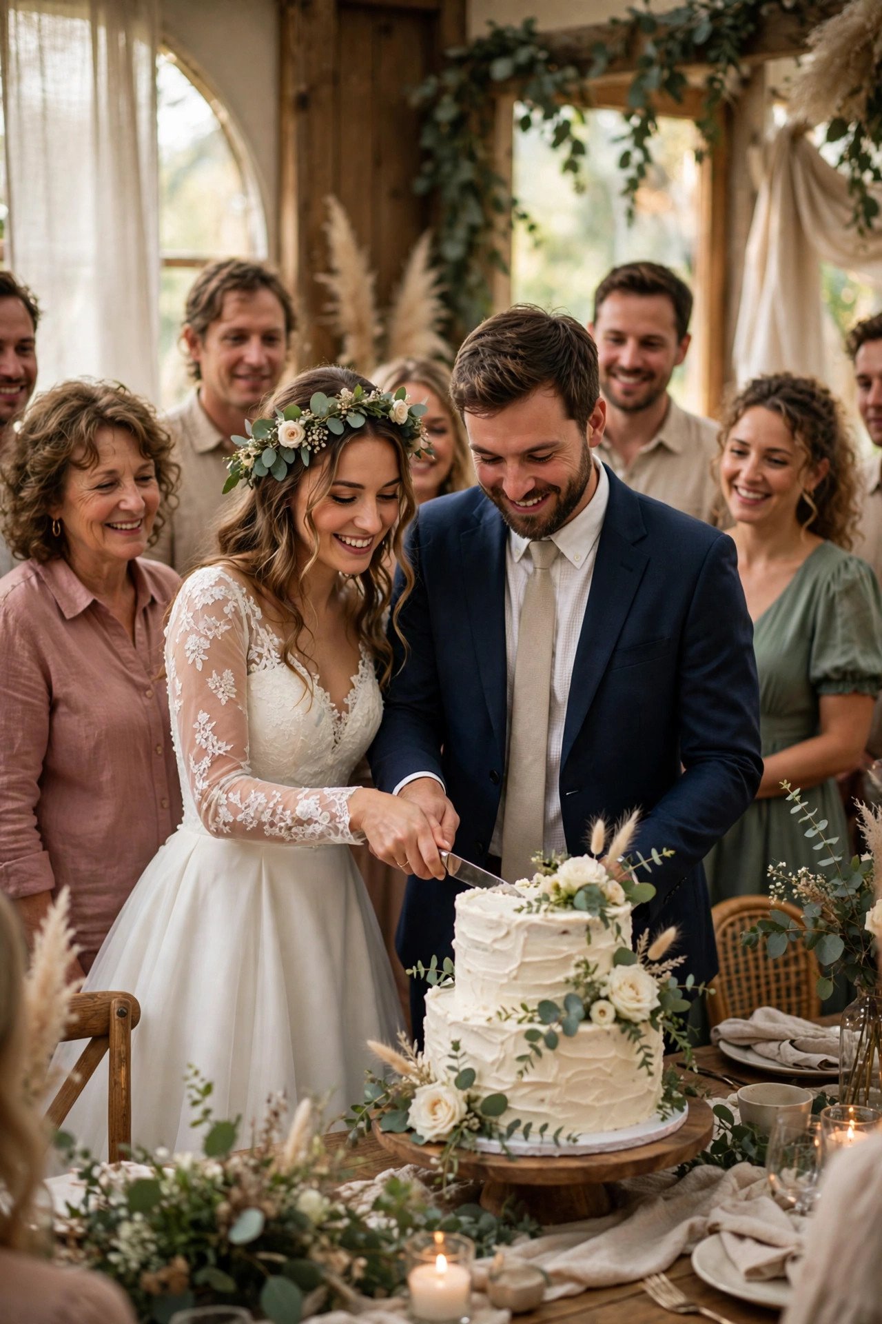 Cake cutting moment with guests gathered at the reception