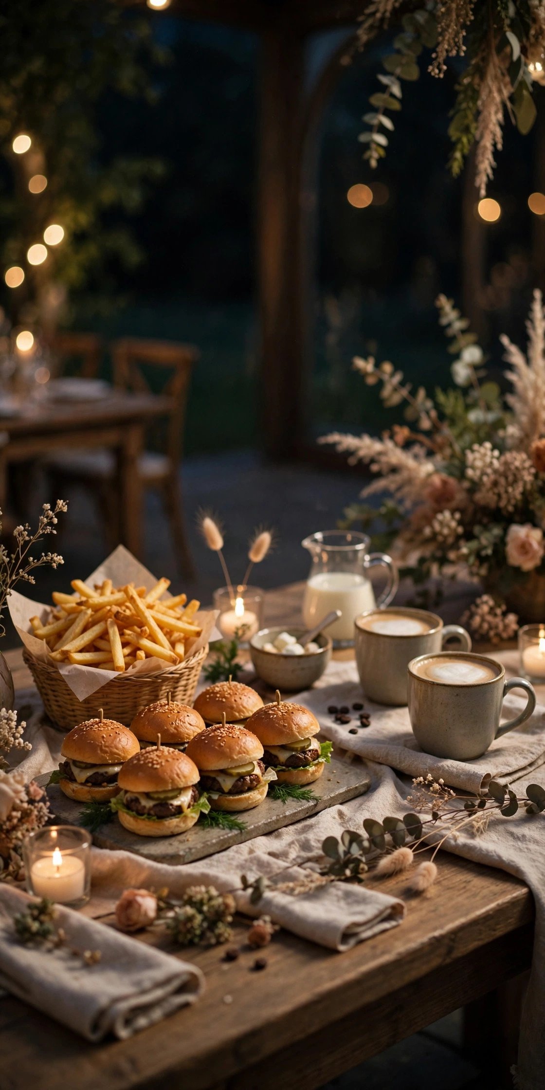 Late-night snack station with fries sliders and coffee at a reception