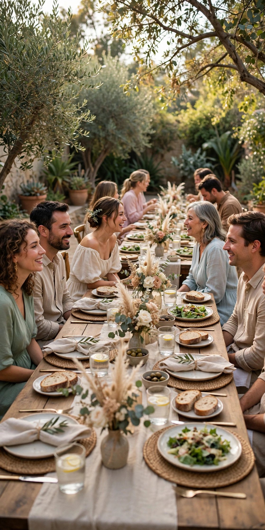 Lunch wedding reception with guests at long tables in daylight