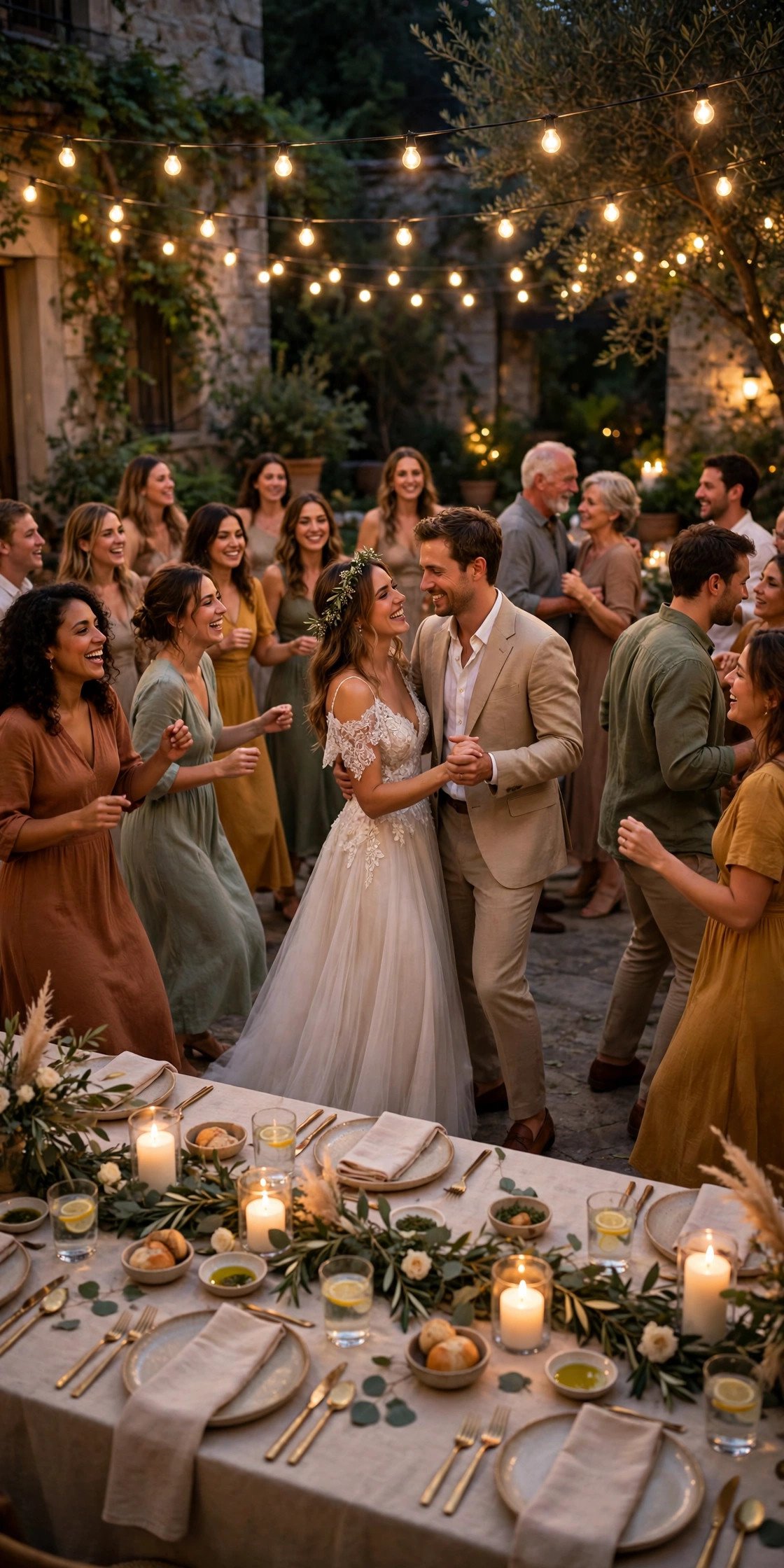 Evening reception with dinner and a long dance party under lights