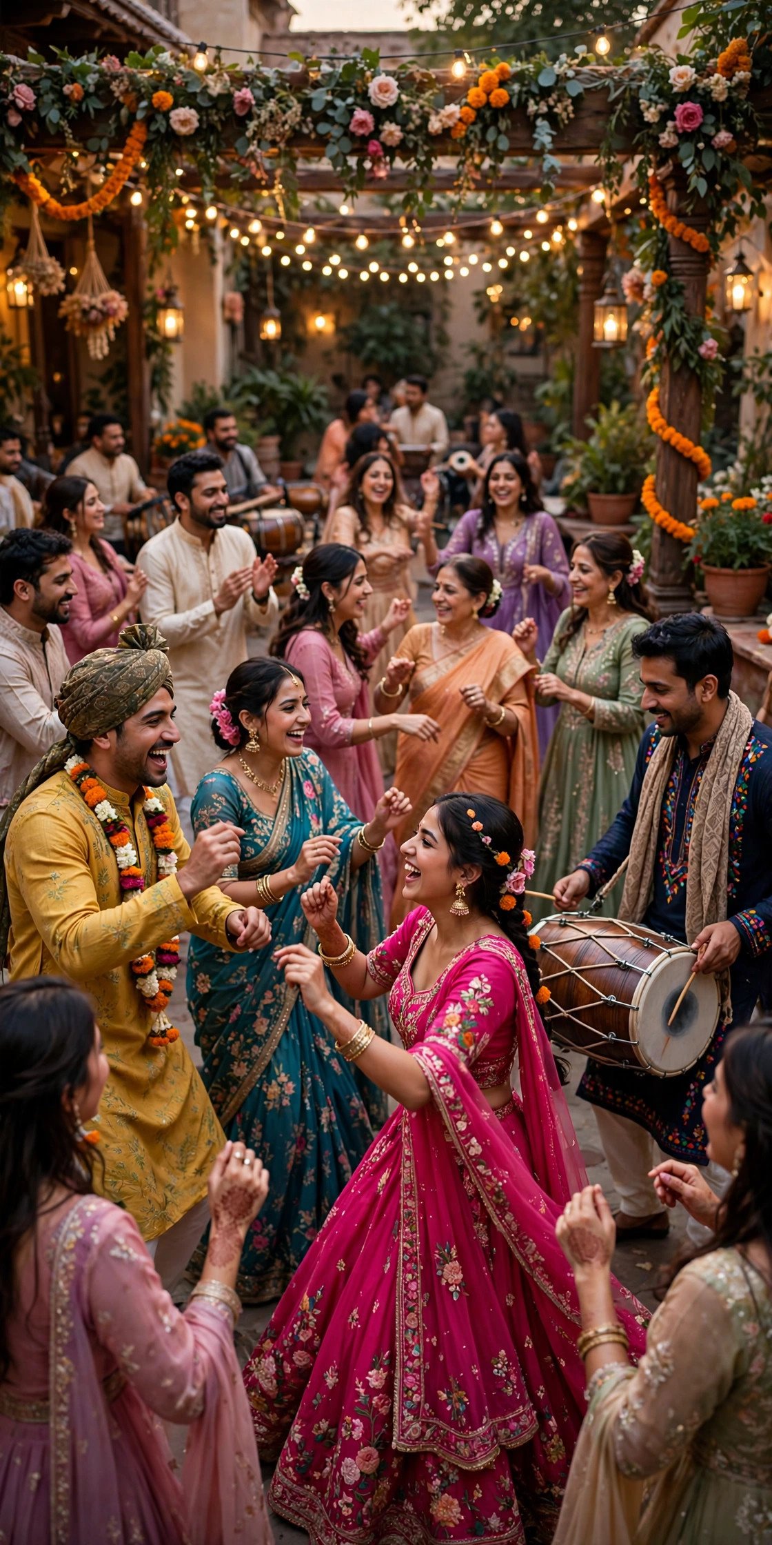 Vibrant cultural wedding celebration with music and dancing over many hours