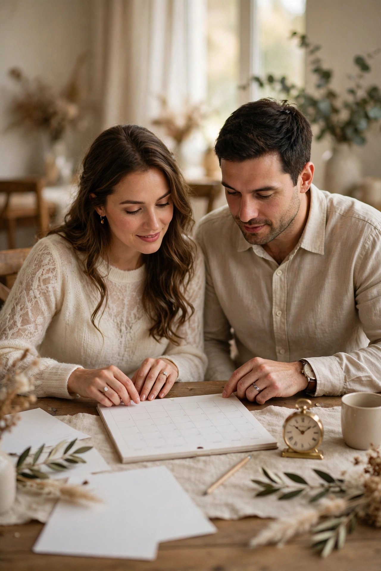 Couple building a reception timeline backward from the venue end time