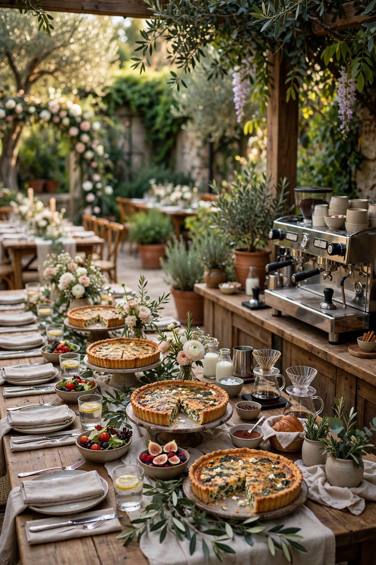 Garden terrace brunch with a barista coffee bar and quiche on long tables