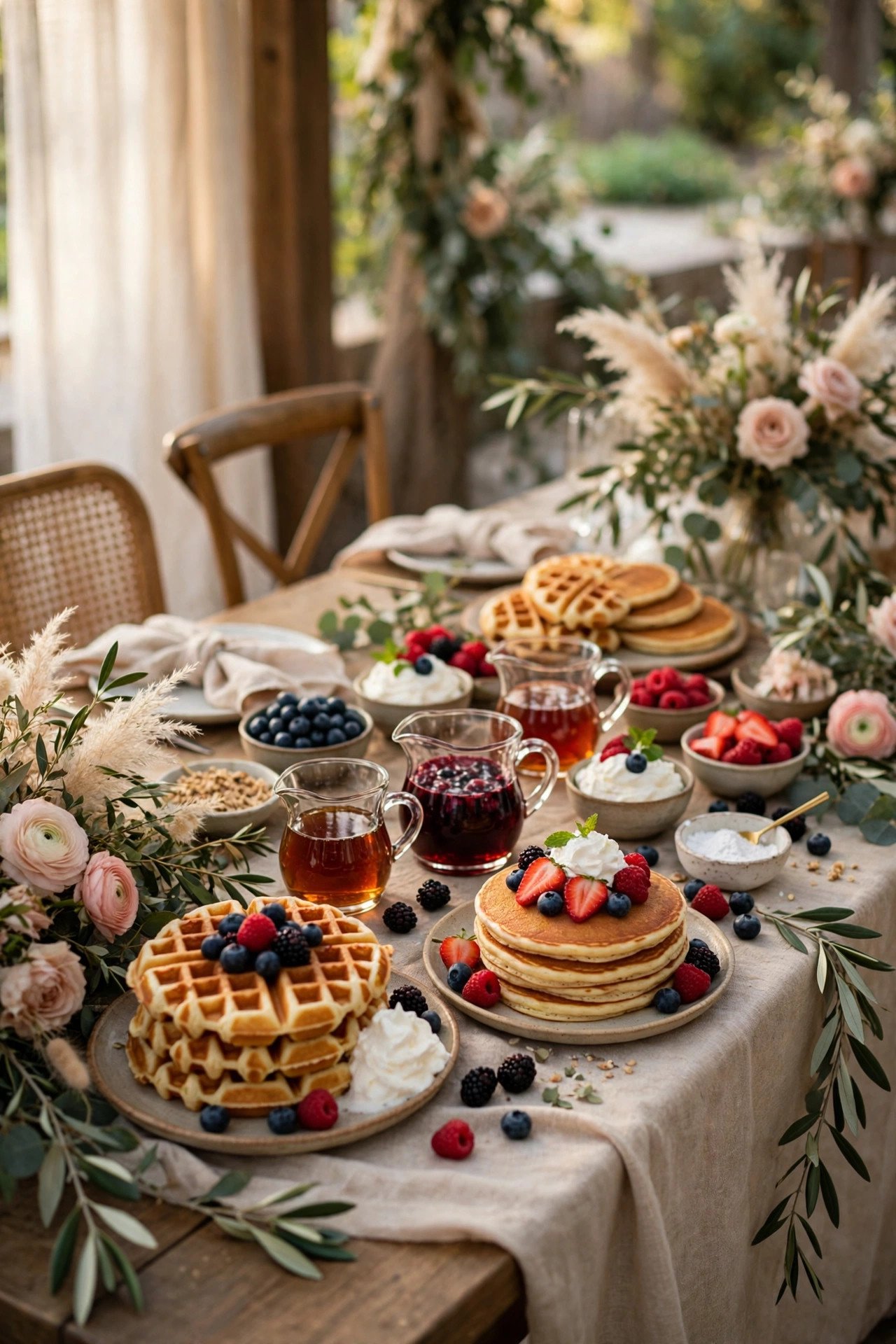 Waffle and pancake bar with berries syrups and whipped cream at a send-off brunch