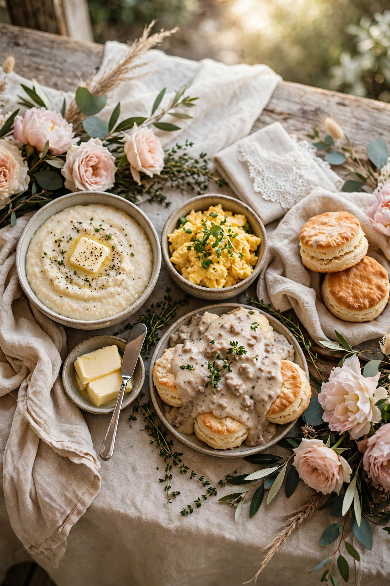 Southern brunch spread with biscuits gravy eggs and grits