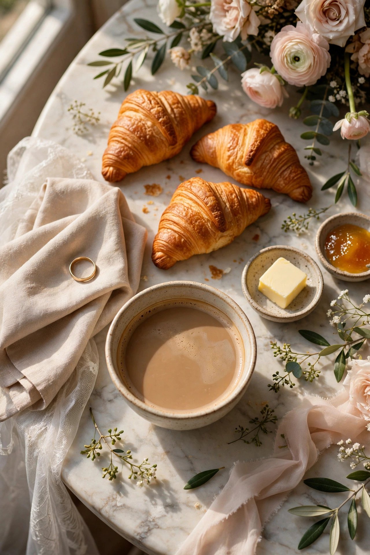 French cafe style brunch with croissants and cafe au lait on a marble table