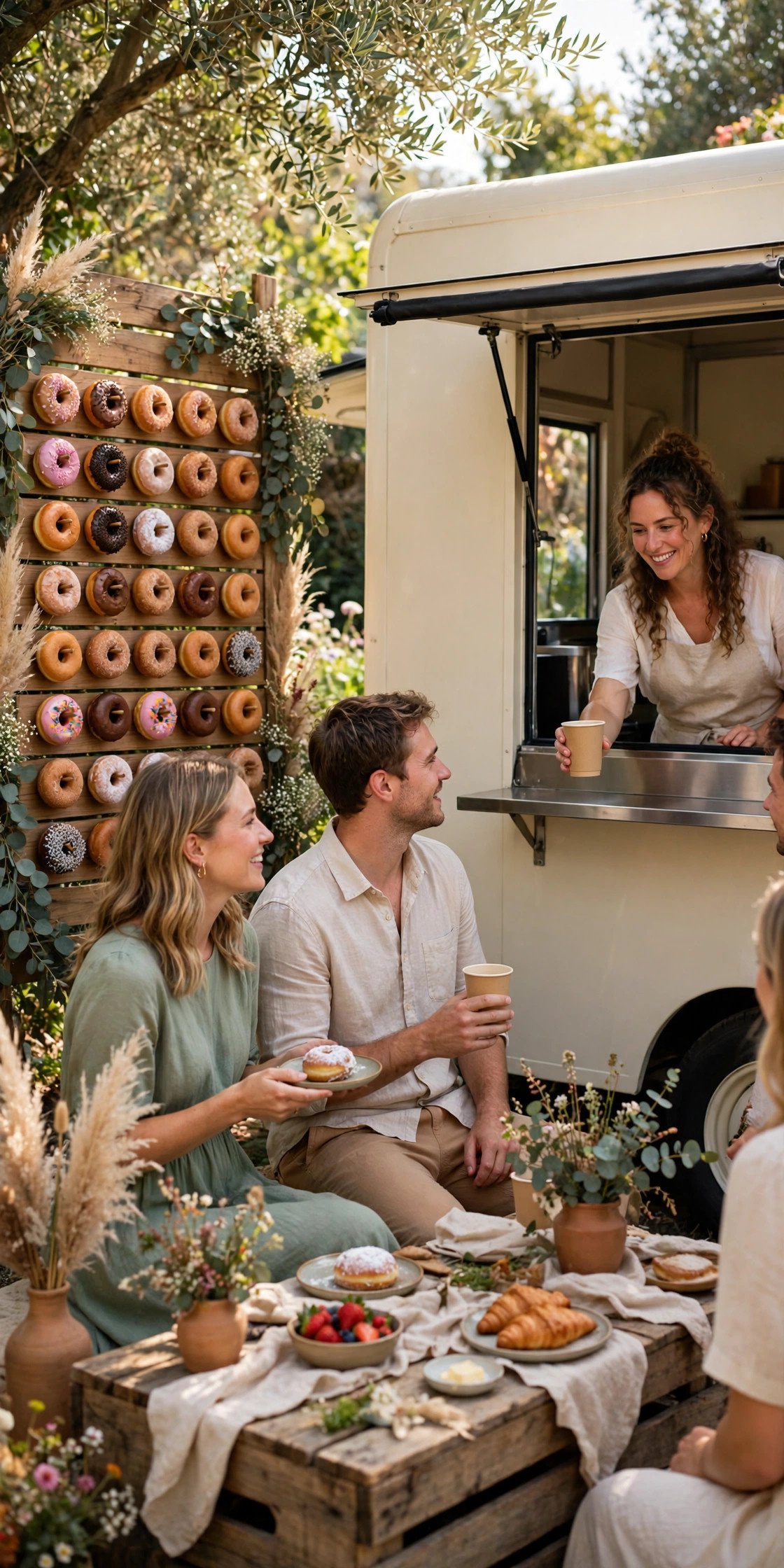 Donut wall and a coffee truck serving guests at a casual send-off brunch