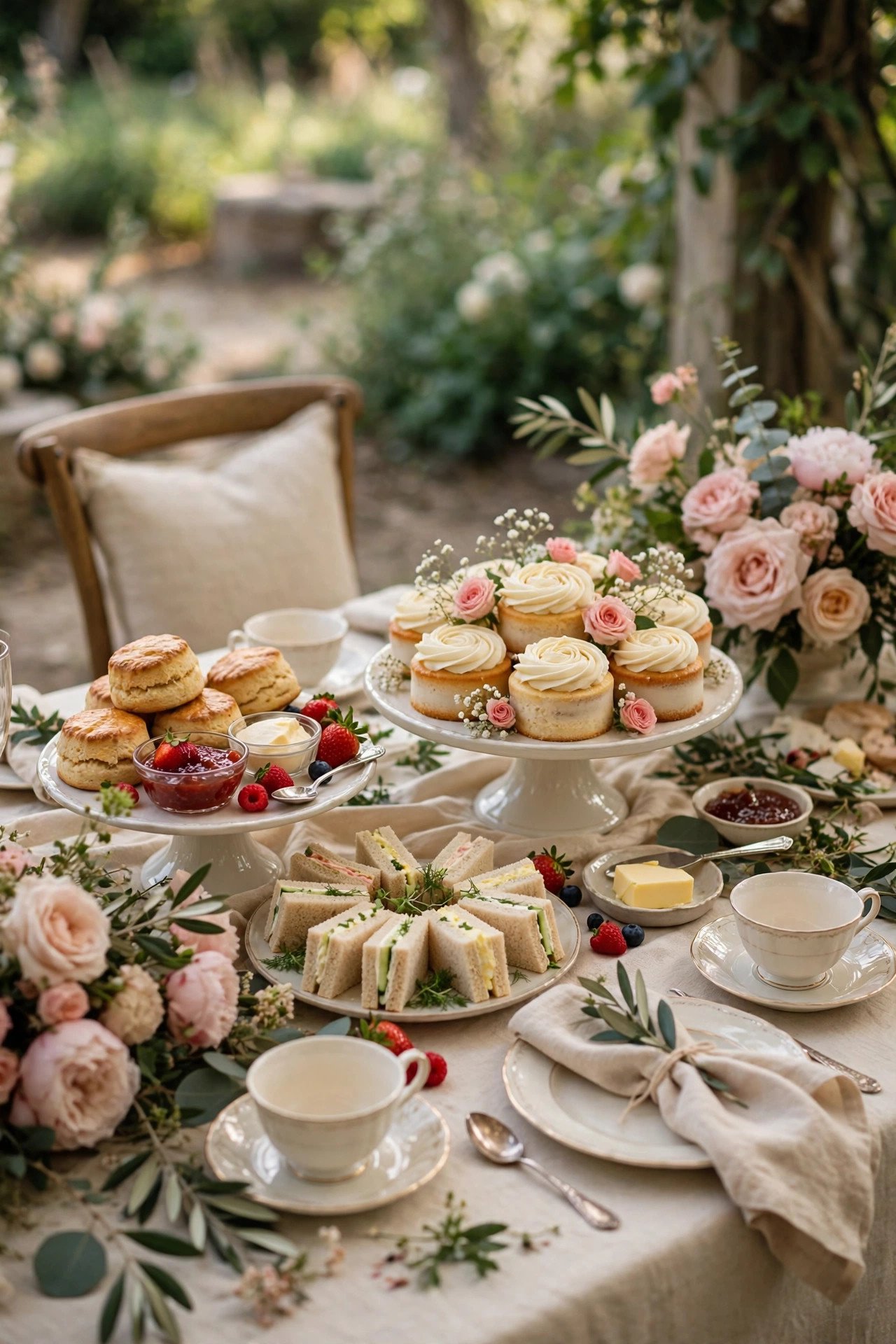 Tea party brunch with scones jam finger sandwiches and cake stands