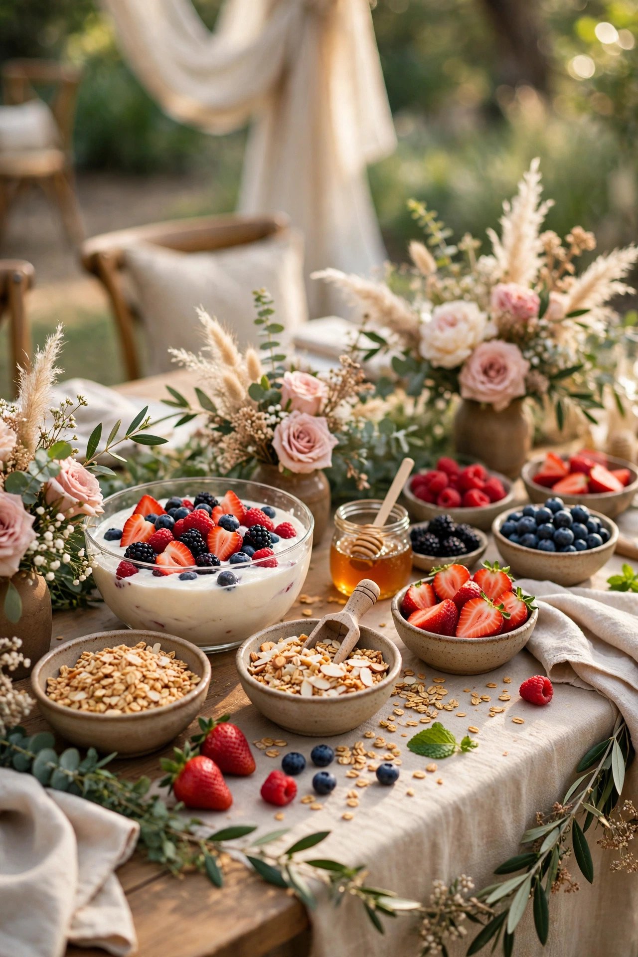 Parfait bar with yogurt granola berries and honey at a light send-off brunch