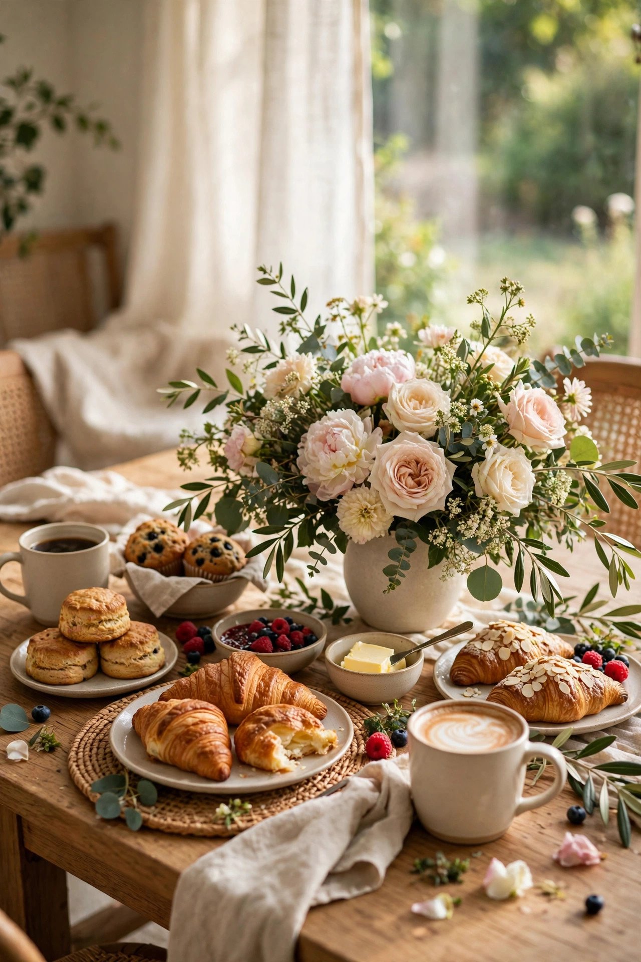 Cheerful wedding send-off brunch table with coffee pastries and flowers in morning light