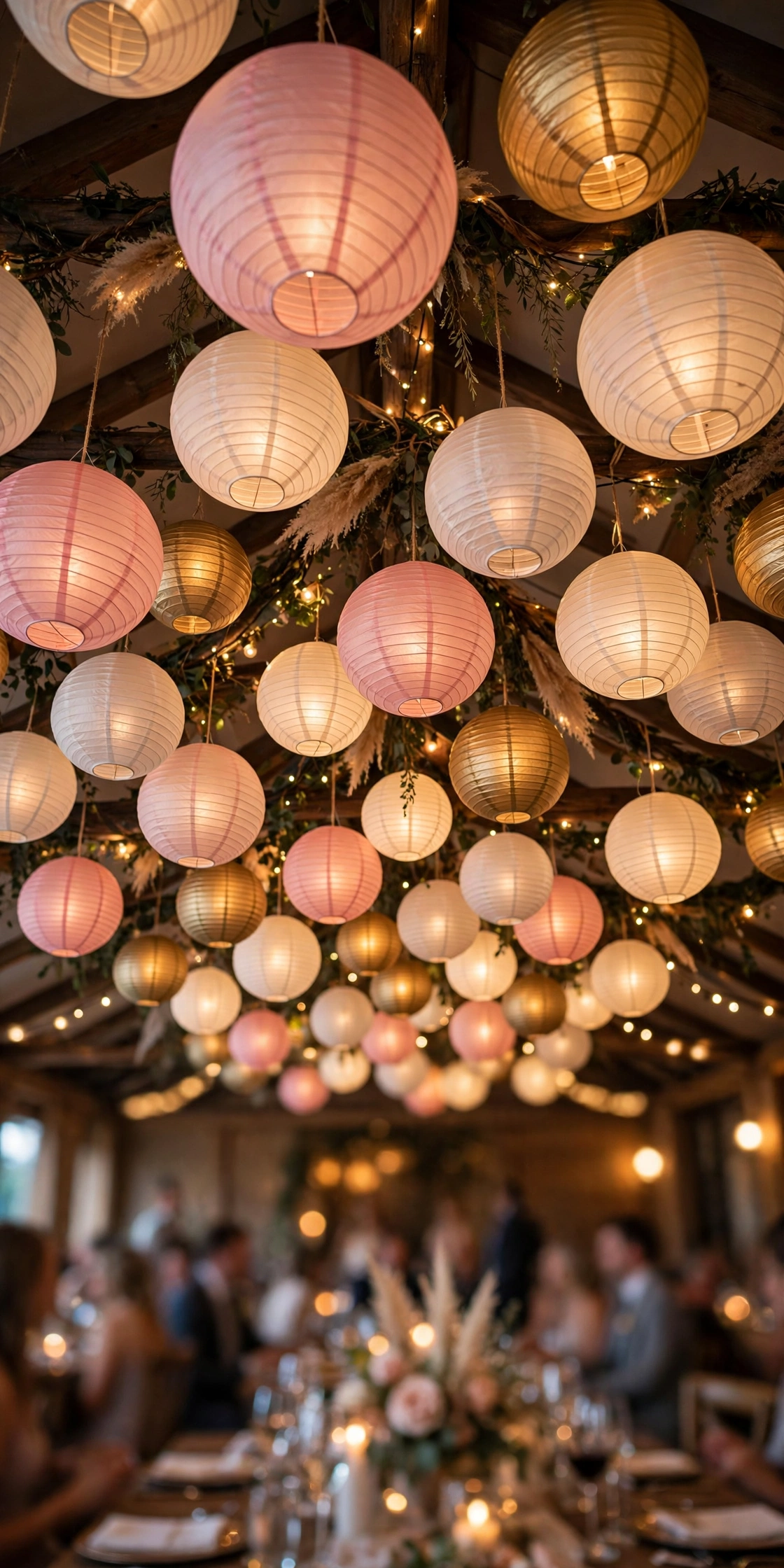 Canopy of paper lanterns hanging over a wedding reception
