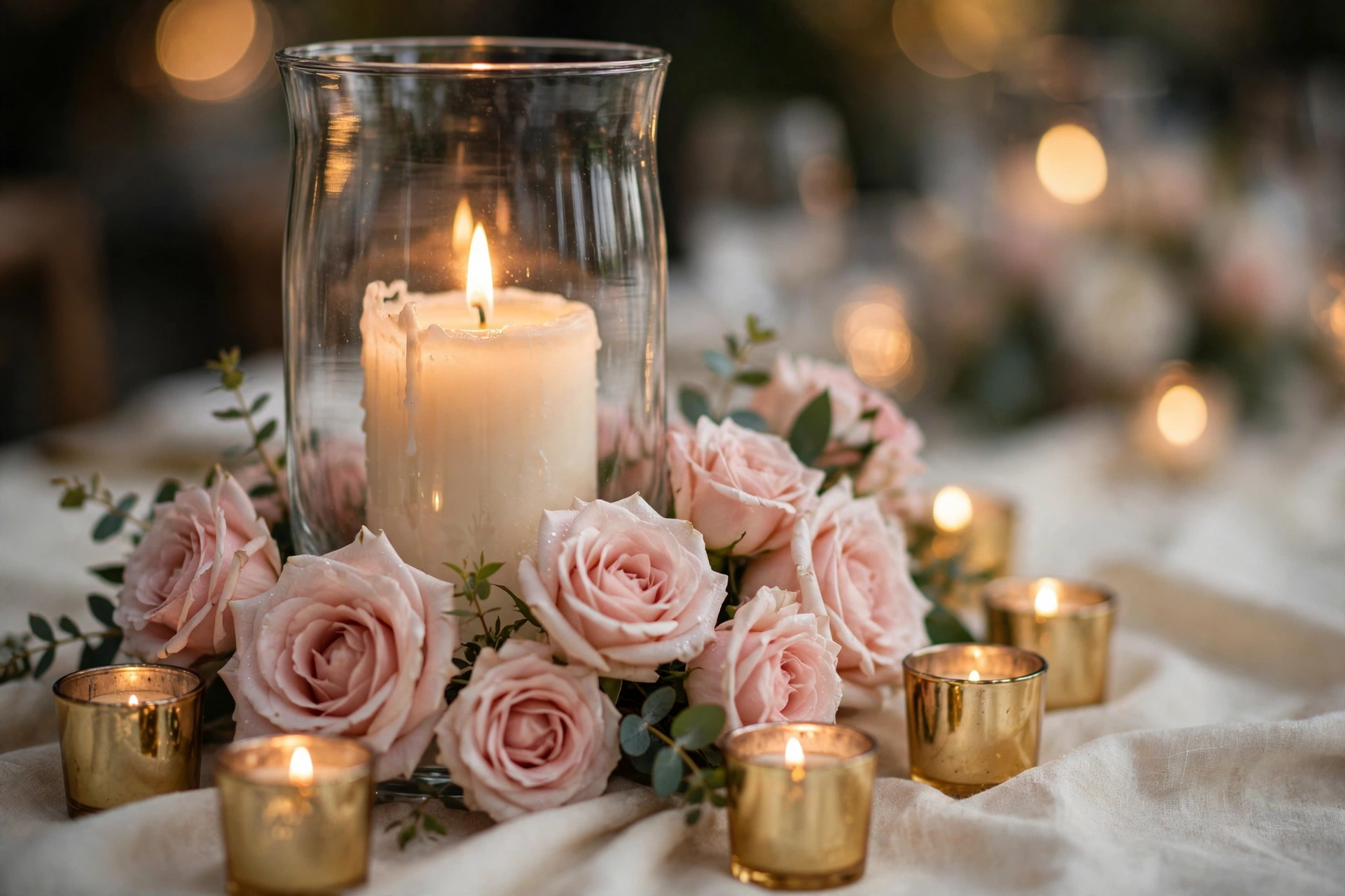 Glass hurricane lantern centerpiece with pillar candle and roses