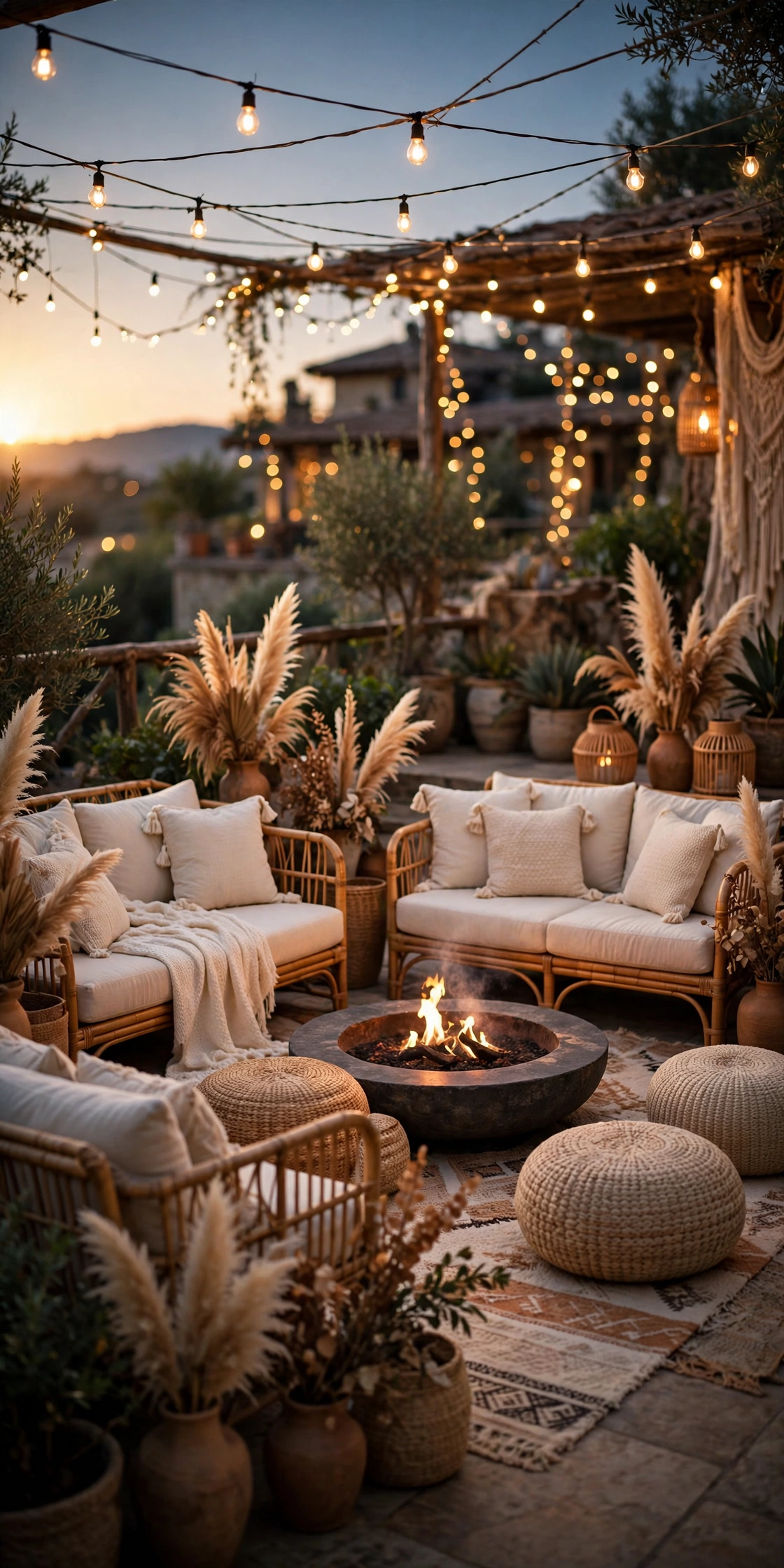 Boho wedding lounge with rattan sofas around a fire pit at dusk