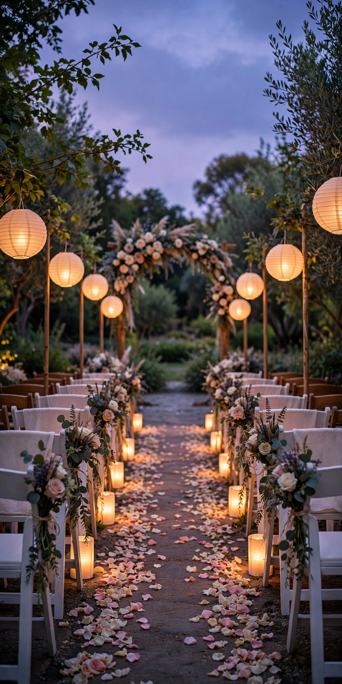 Wedding ceremony aisle lined with glowing lanterns at twilight