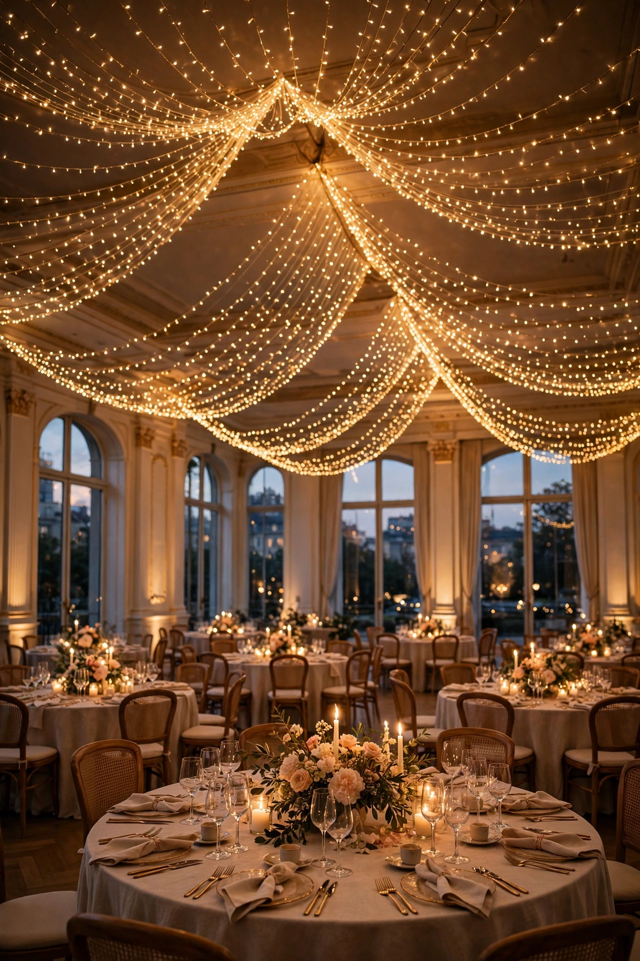 Wedding ballroom ceiling covered in warm fairy lights at dusk