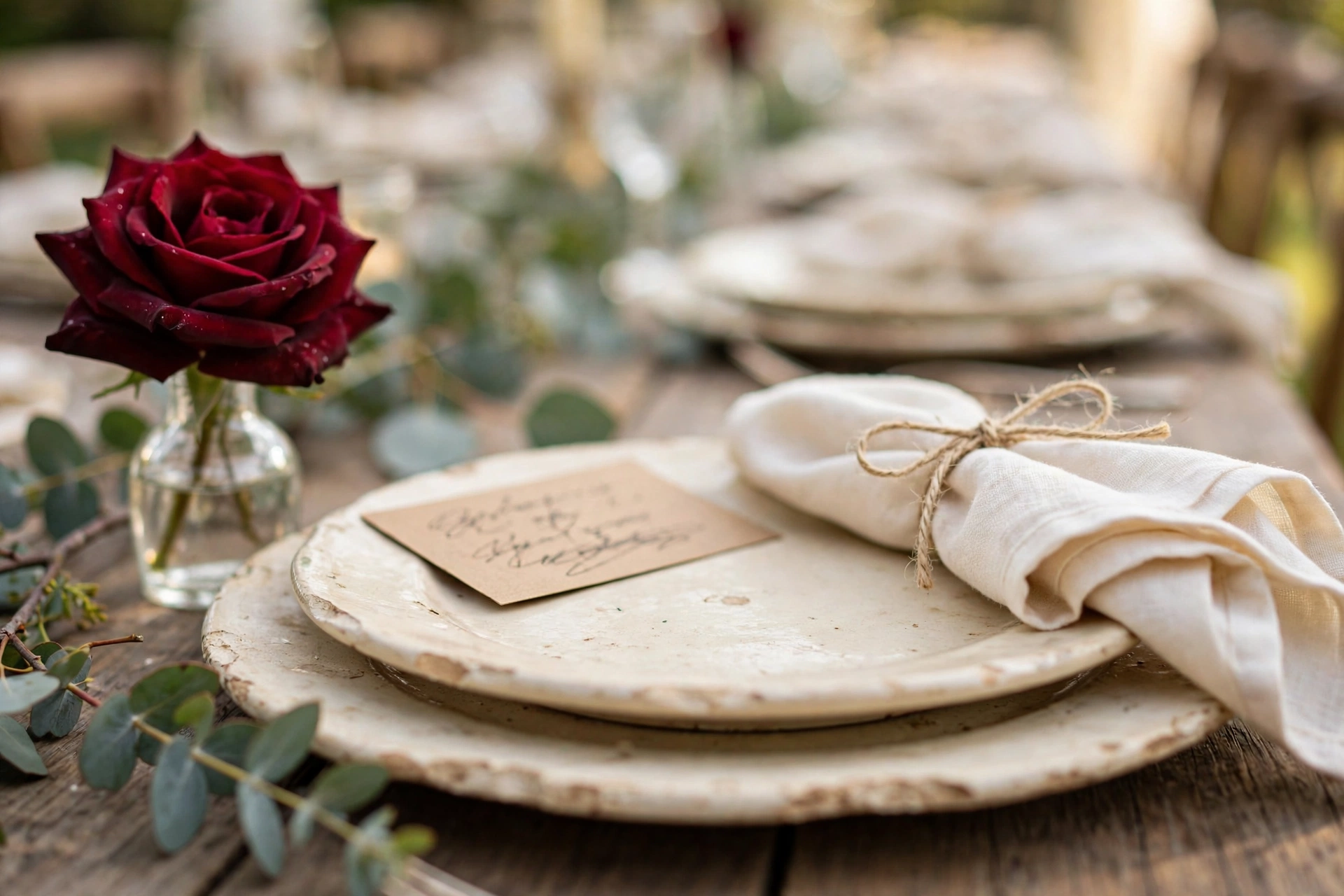 Close-up of a budget DIY wedding place setting with thrifted mismatched plates, kraft menu and bud vase