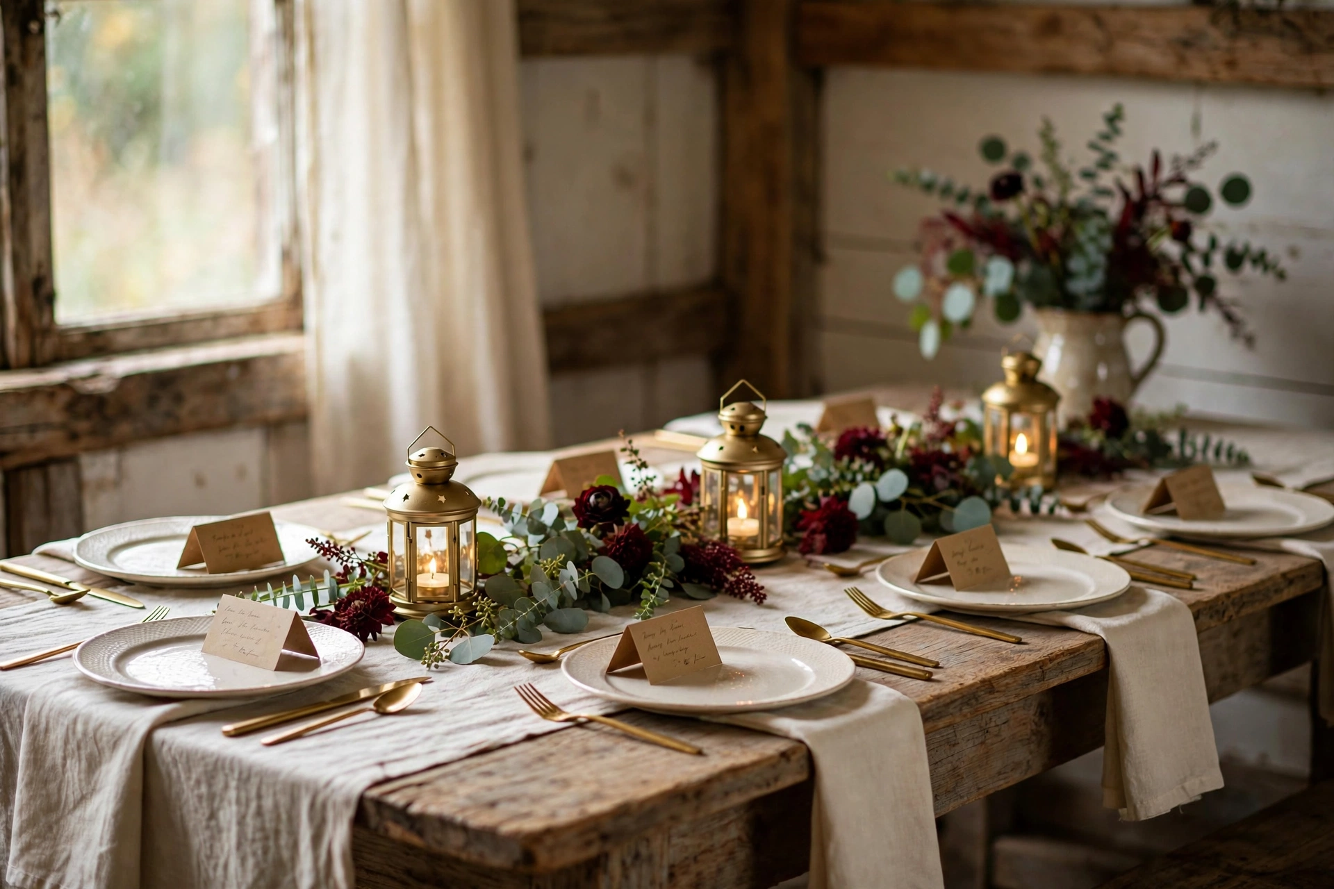 Intimate microwedding long table with handwritten place cards, small lanterns and eucalyptus
