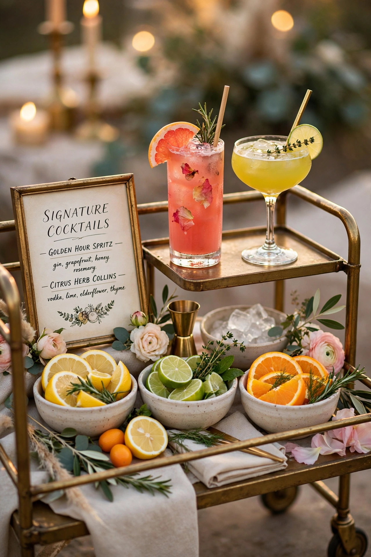 Styled signature cocktail station with framed recipe sign and fresh garnishes at wedding