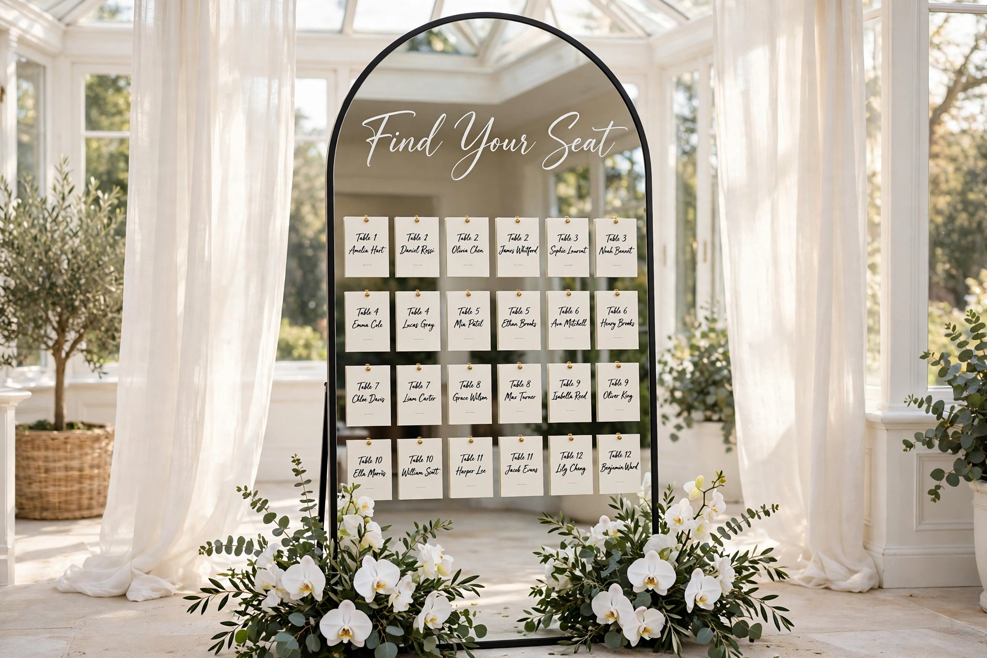 Arched black-frame mirror wedding seating chart with Find Your Seat calligraphy and pinned table cards in a bright conservatory