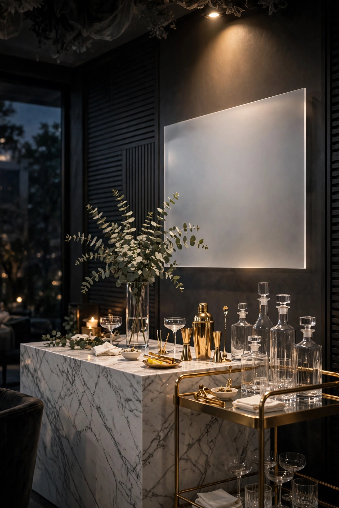 Sleek modern engagement party bar with marble counter, frosted acrylic signage and gold bar tools in the evening