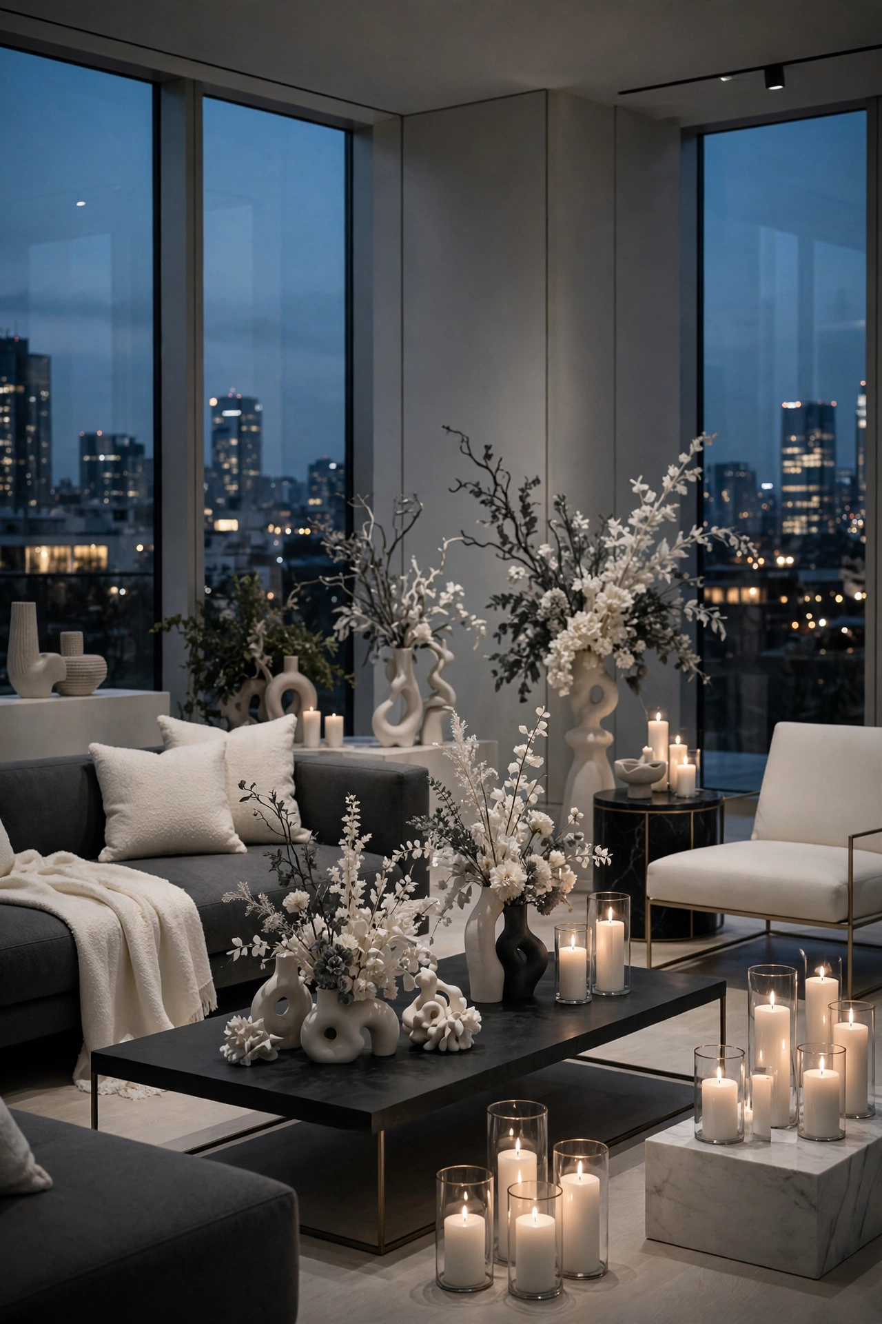 Modern minimalist engagement party lounge in the evening with sculptural decor, candles and city dusk light