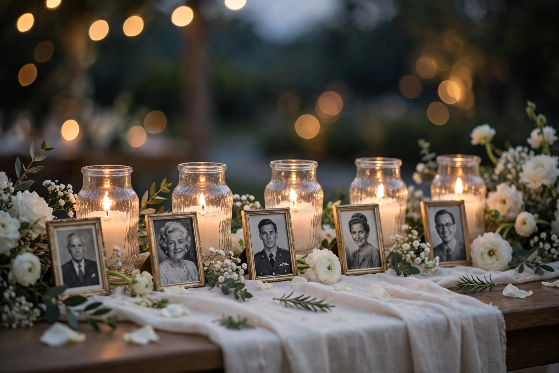 Glass memory jar with handwritten notes on a wedding memorial table with white roses and tea lights