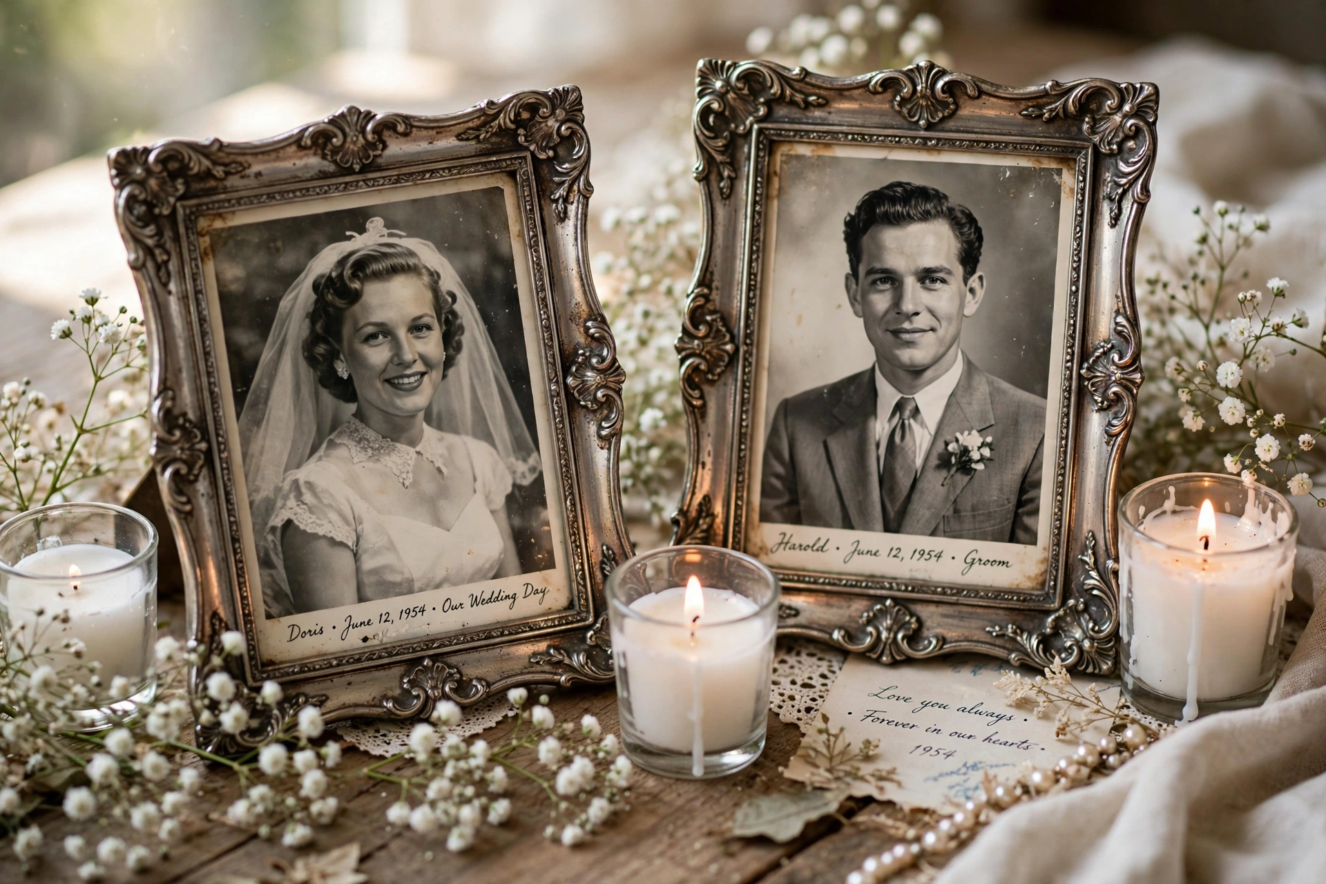 Framed vintage family photos on a wedding memory table