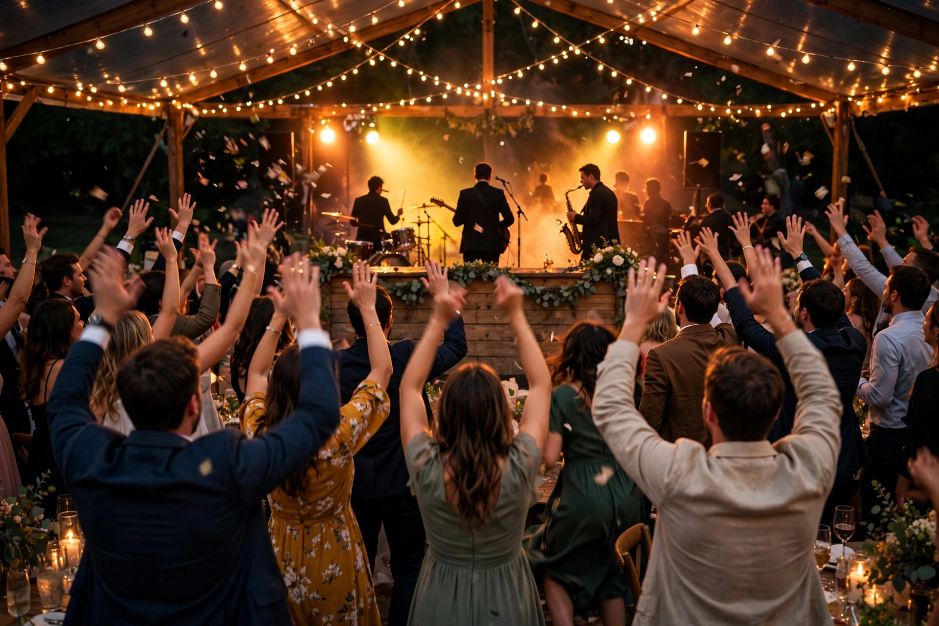 Surprise live band performance at a wedding reception with guests dancing and cheering under warm lights