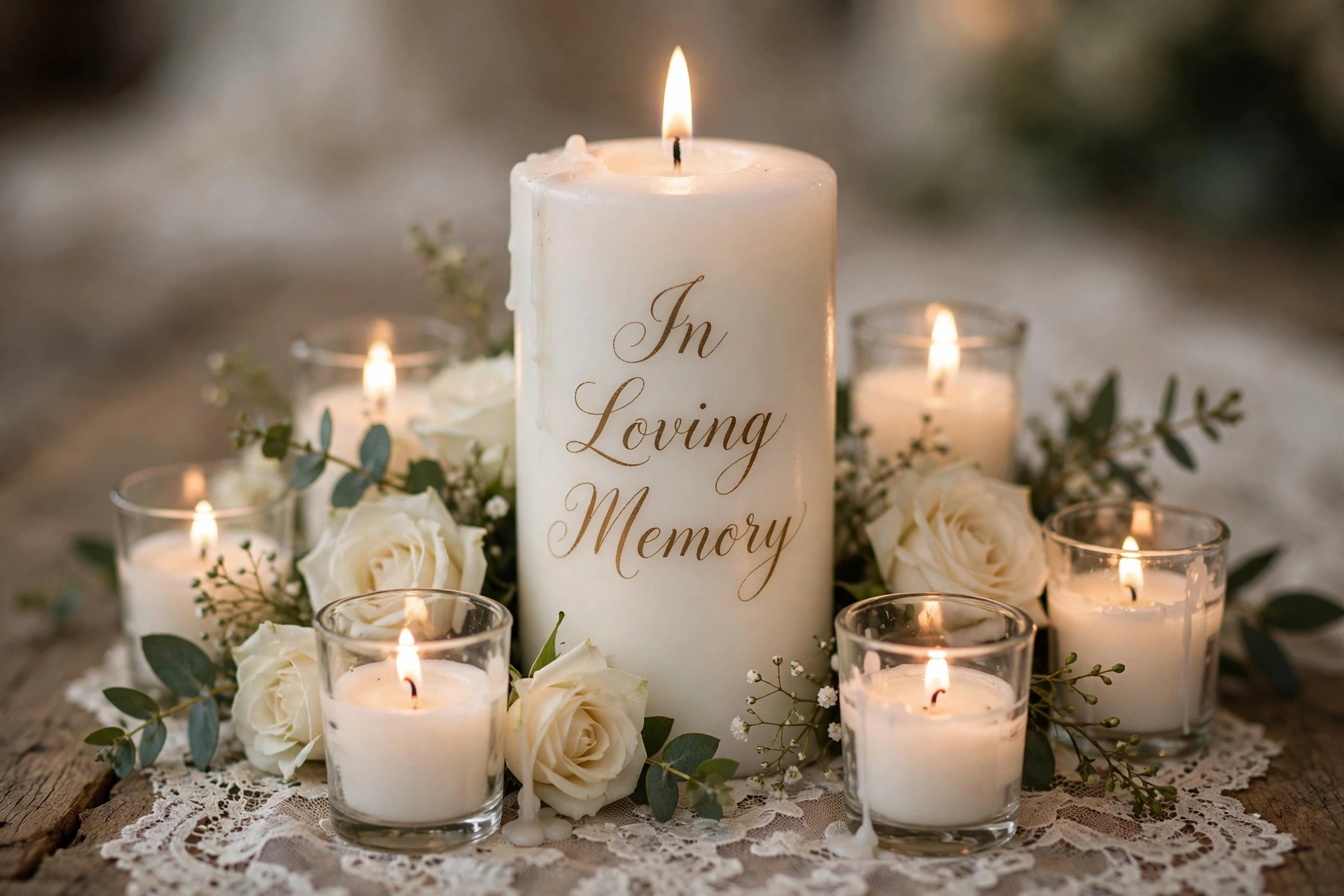 Remembrance candle display with In Loving Memory calligraphy